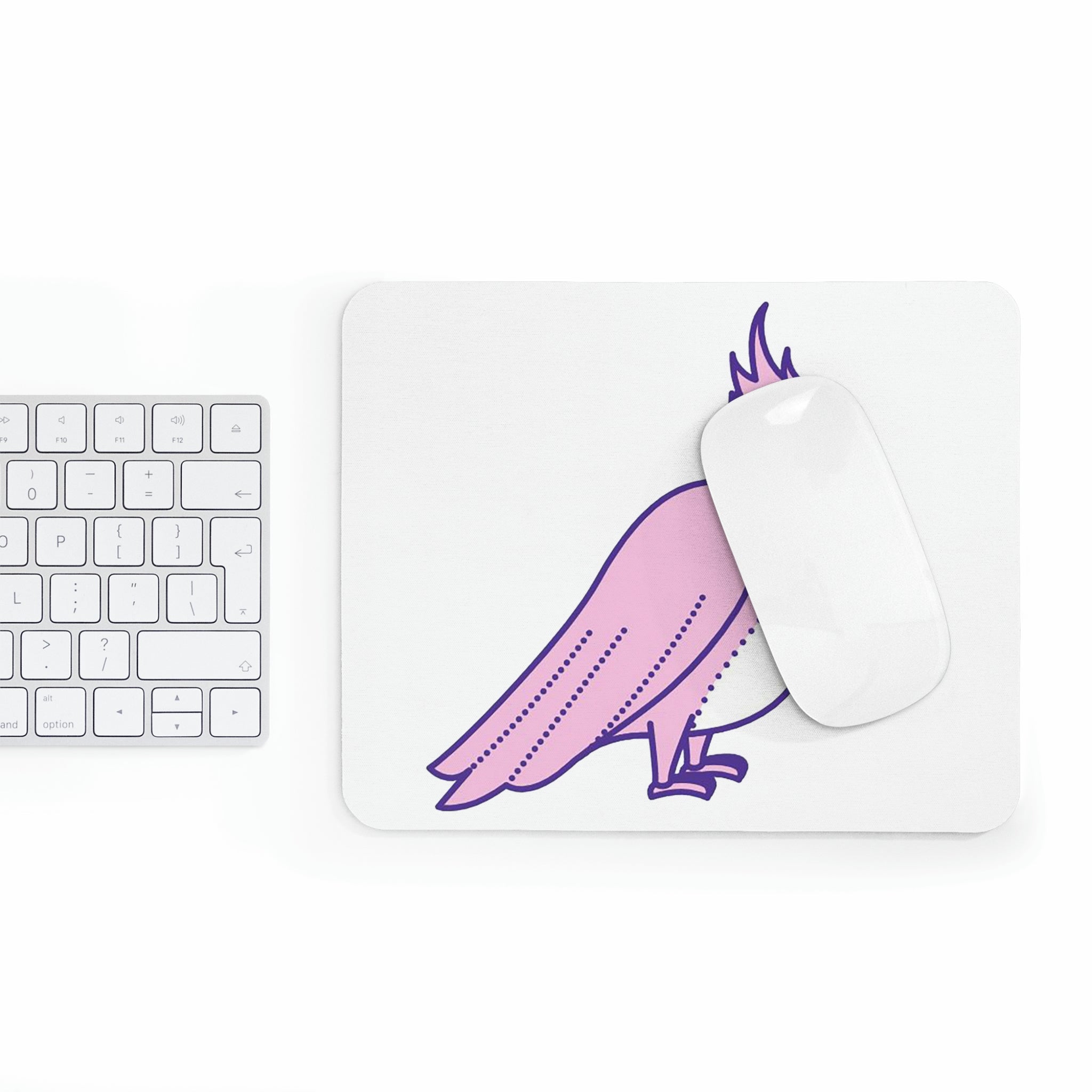 A vibrant pink and purple mouse pad featuring a beautiful bird design, perfect for enhancing any workspace.