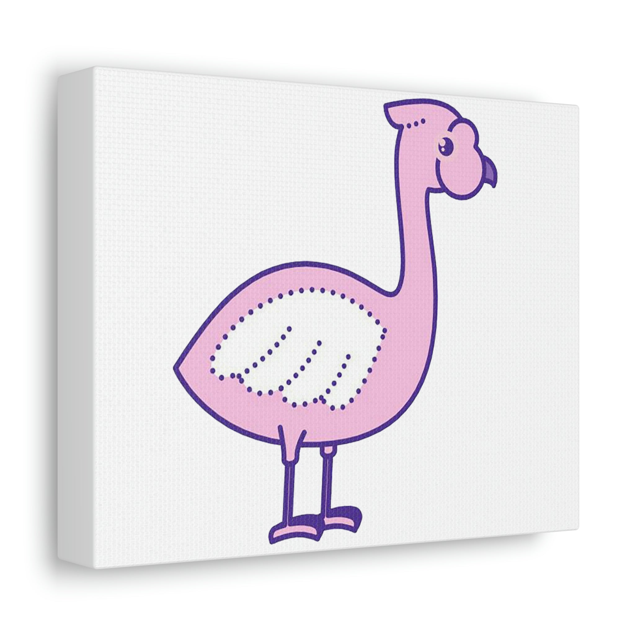 A vibrant pink and purple bird design printed on a stretched canvas, showcasing intricate details and colors.