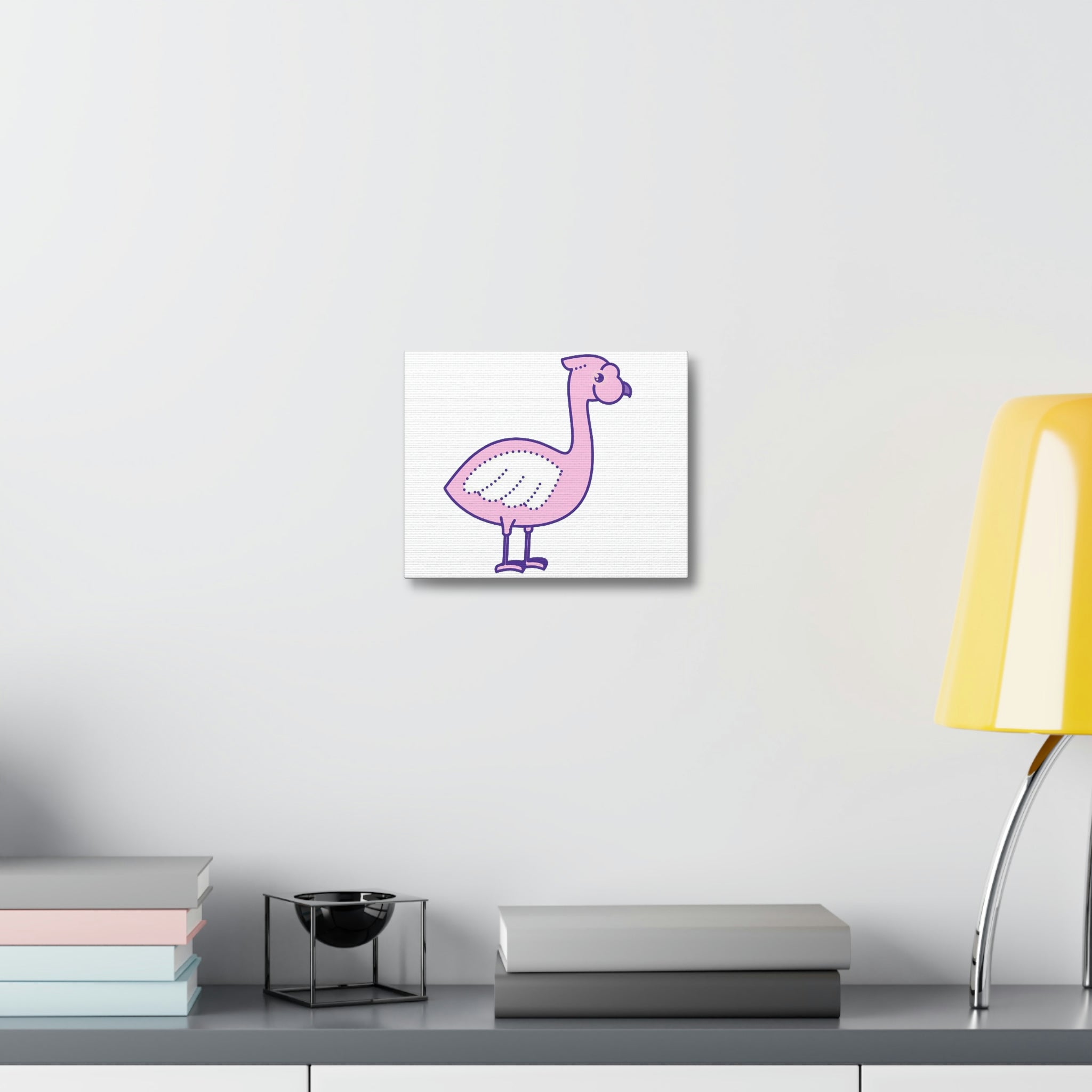 A vibrant pink and purple bird design printed on a stretched canvas, showcasing intricate details and colors.