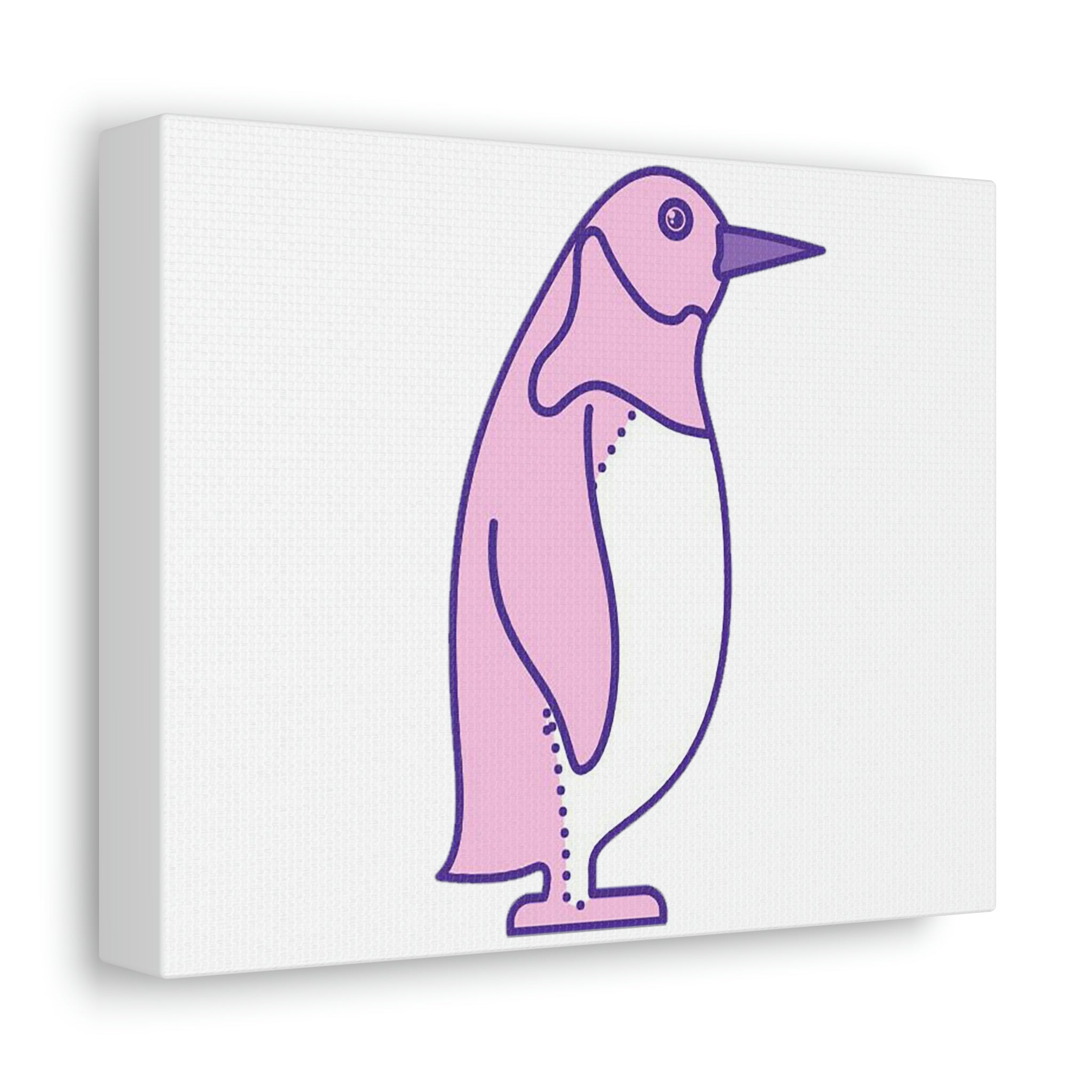 A vibrant pink and purple bird artwork printed on a stretched canvas, showcasing intricate details and colors.