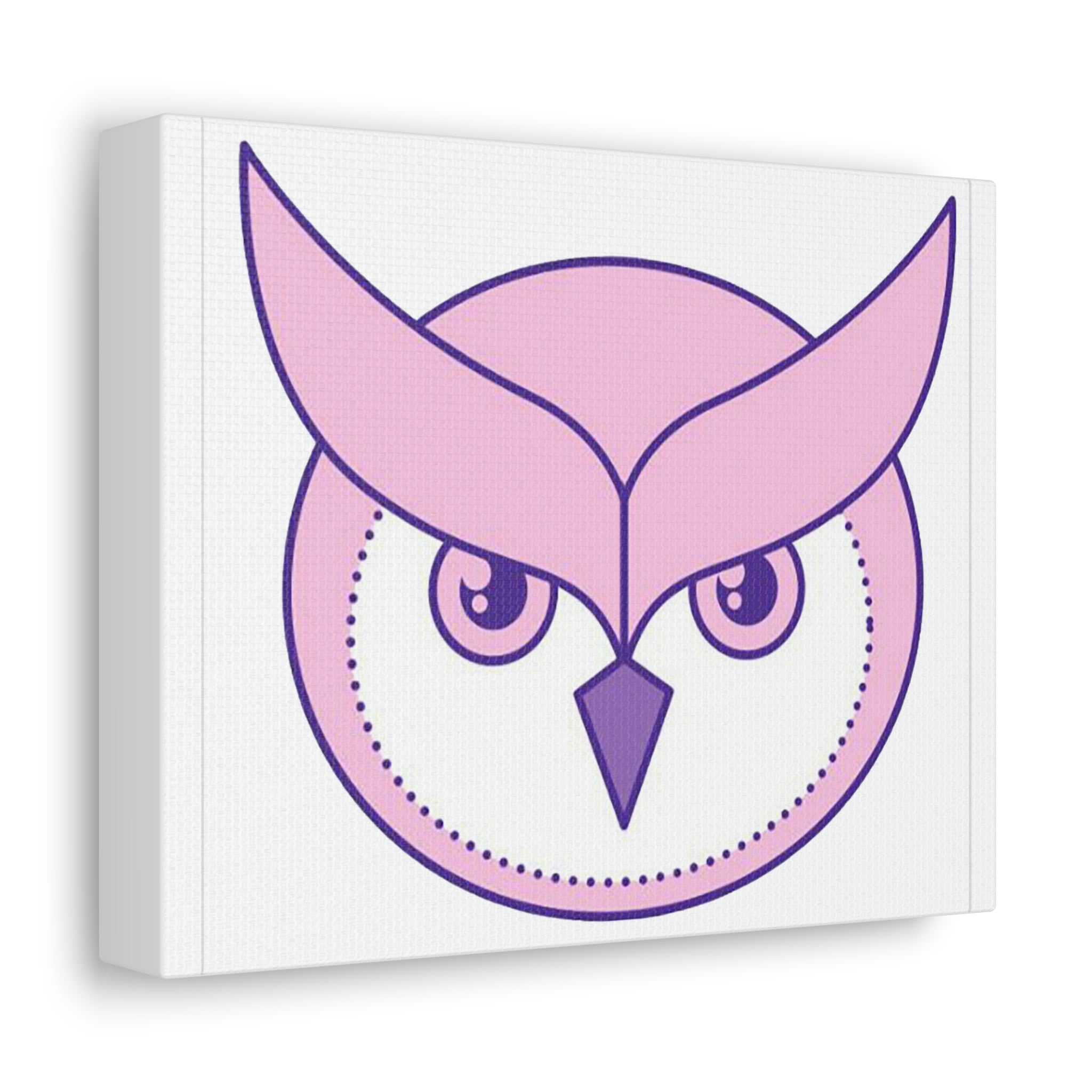 A vibrant pink and purple bird design printed on a stretched canvas, showcasing intricate details and vivid colors.