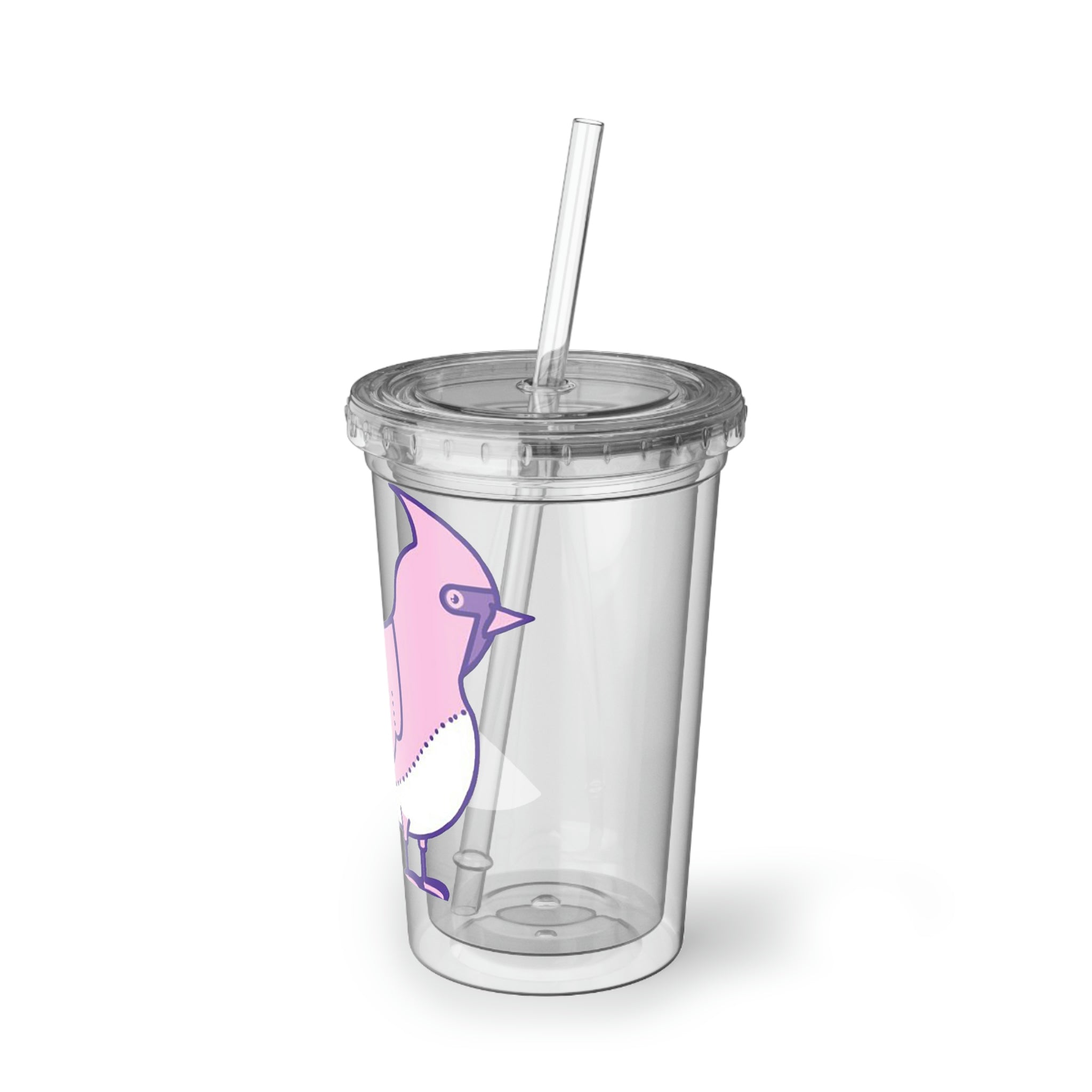 Pink and purple stainless steel tumbler with a straw, showcasing vibrant bird designs.