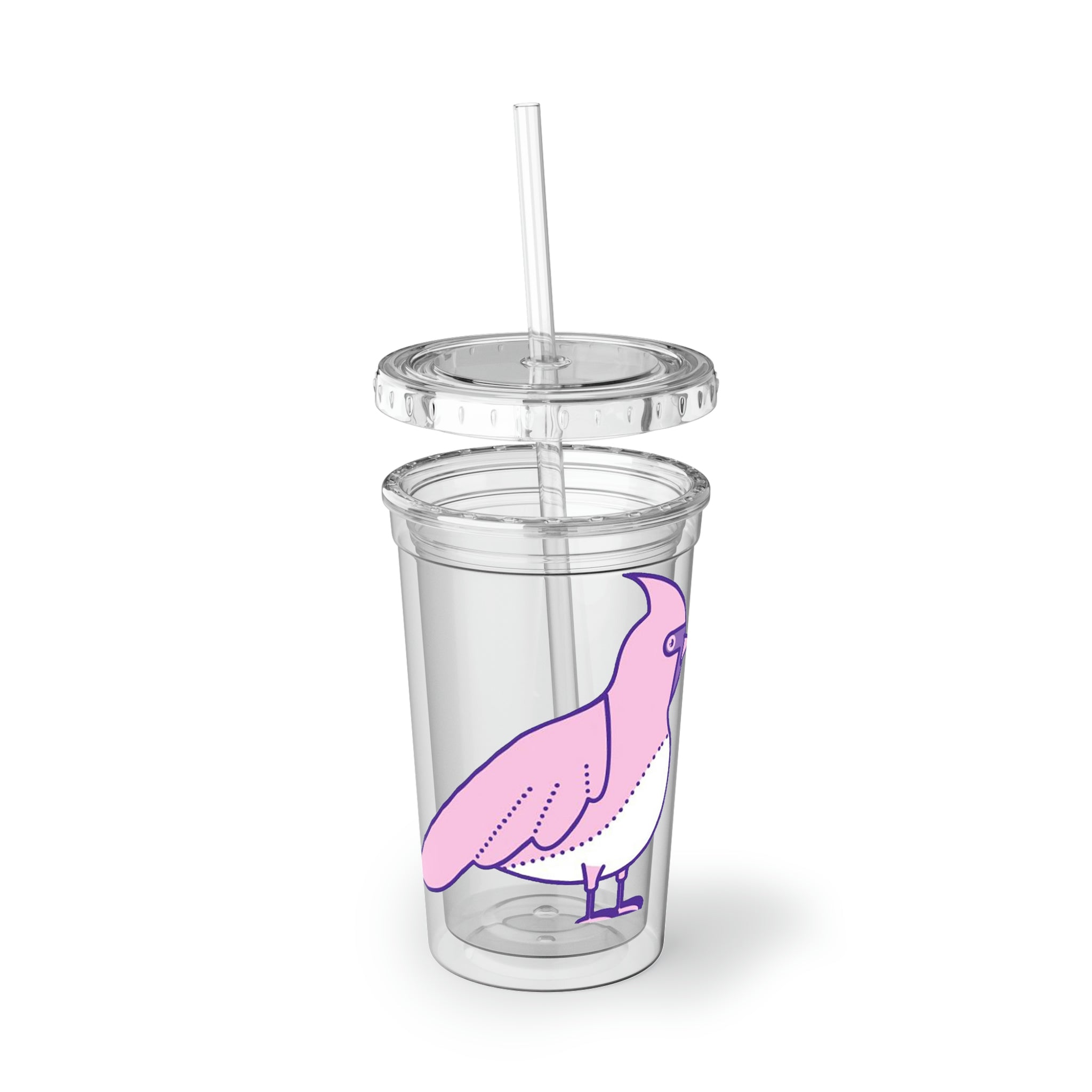 Pink and purple stainless steel tumbler with a straw, showcasing vibrant bird designs.