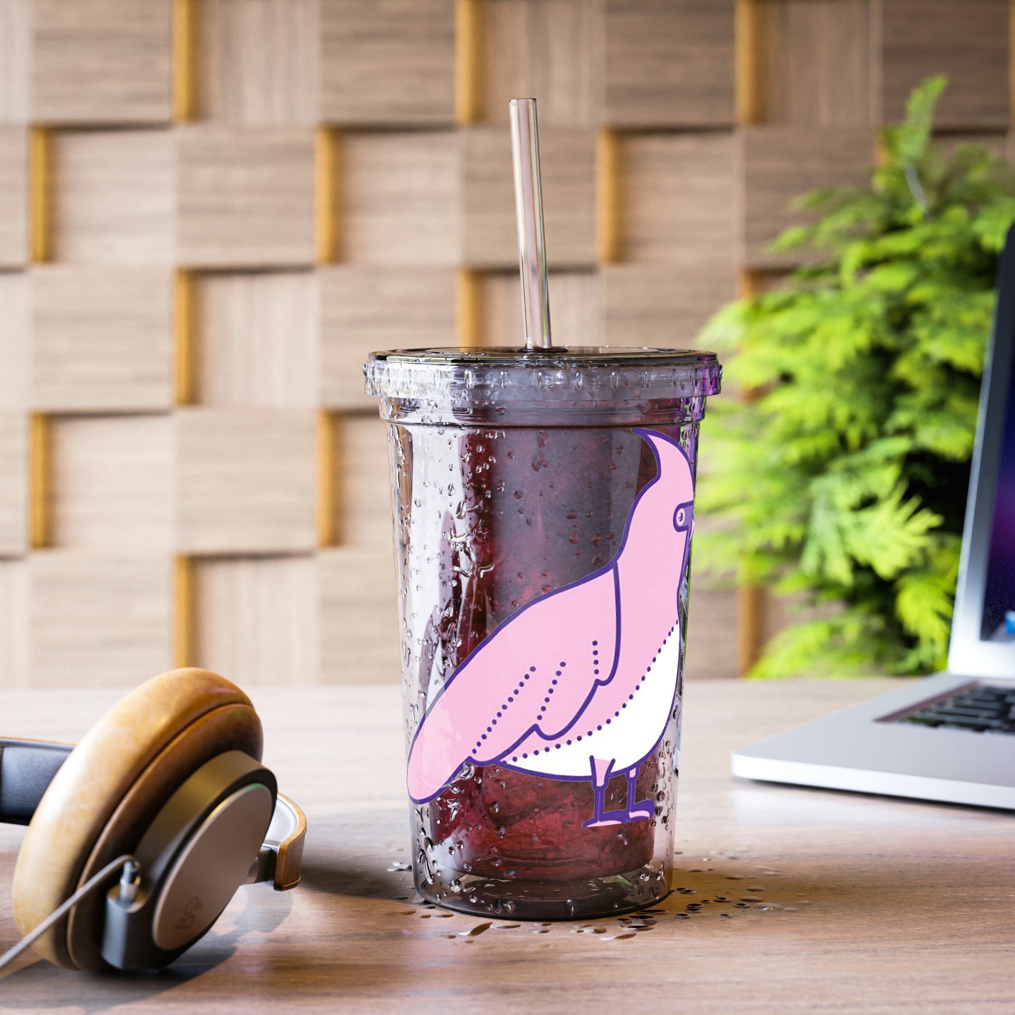 Pink and purple stainless steel tumbler with a straw, showcasing vibrant bird designs.