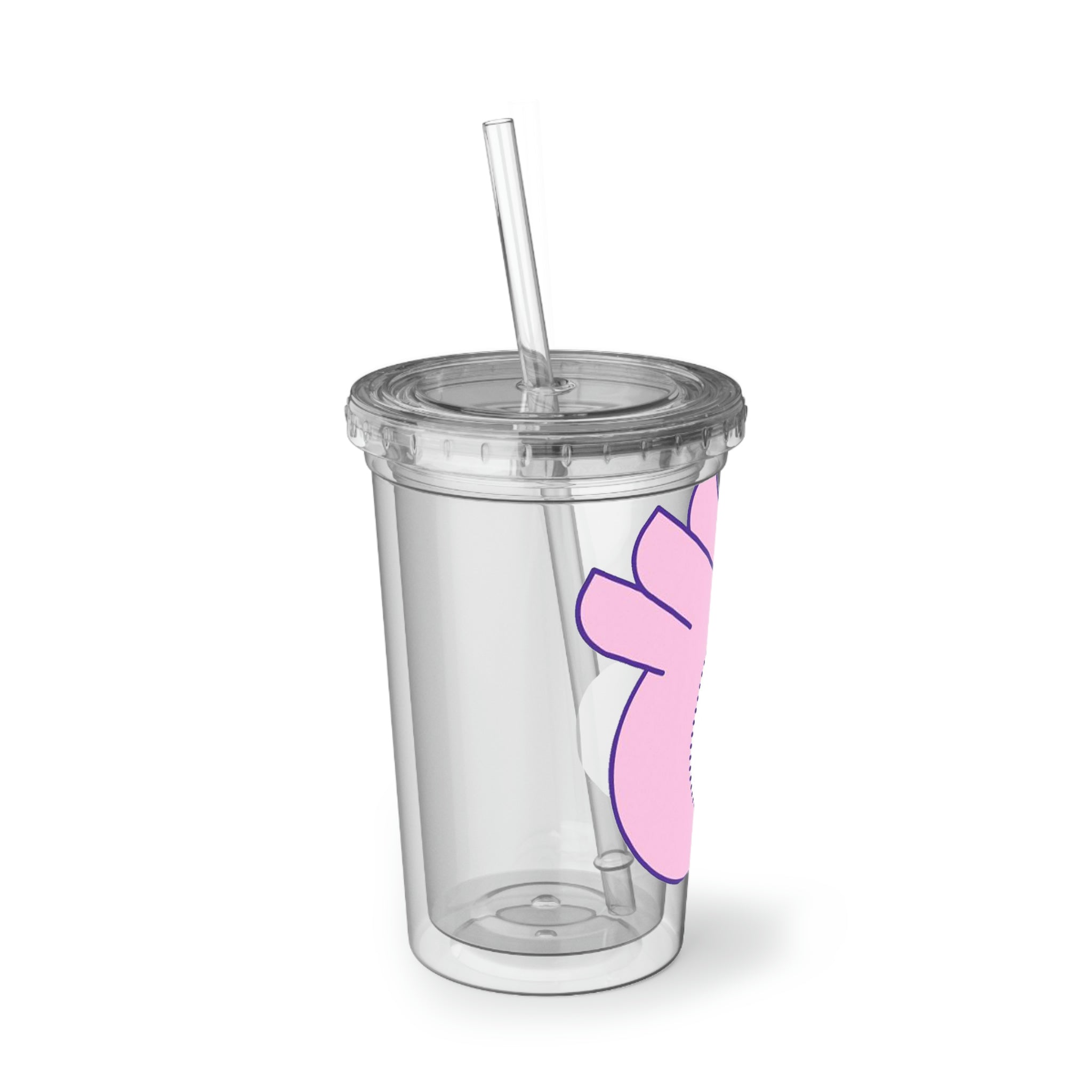 Pink and purple stainless steel tumbler with a straw, showcasing a vibrant bird design.