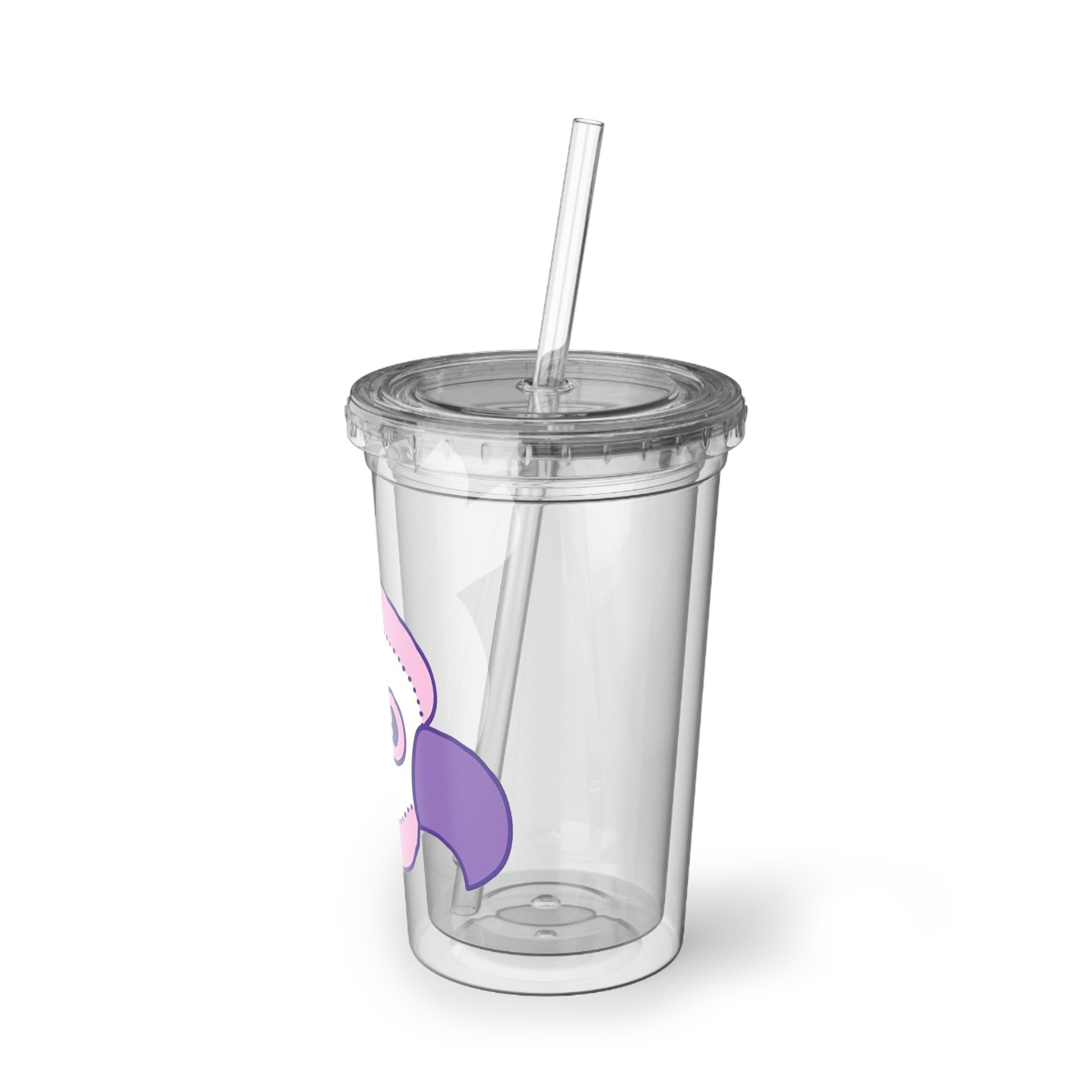 Pink and purple stainless steel tumbler with a straw, showcasing a vibrant bird design.