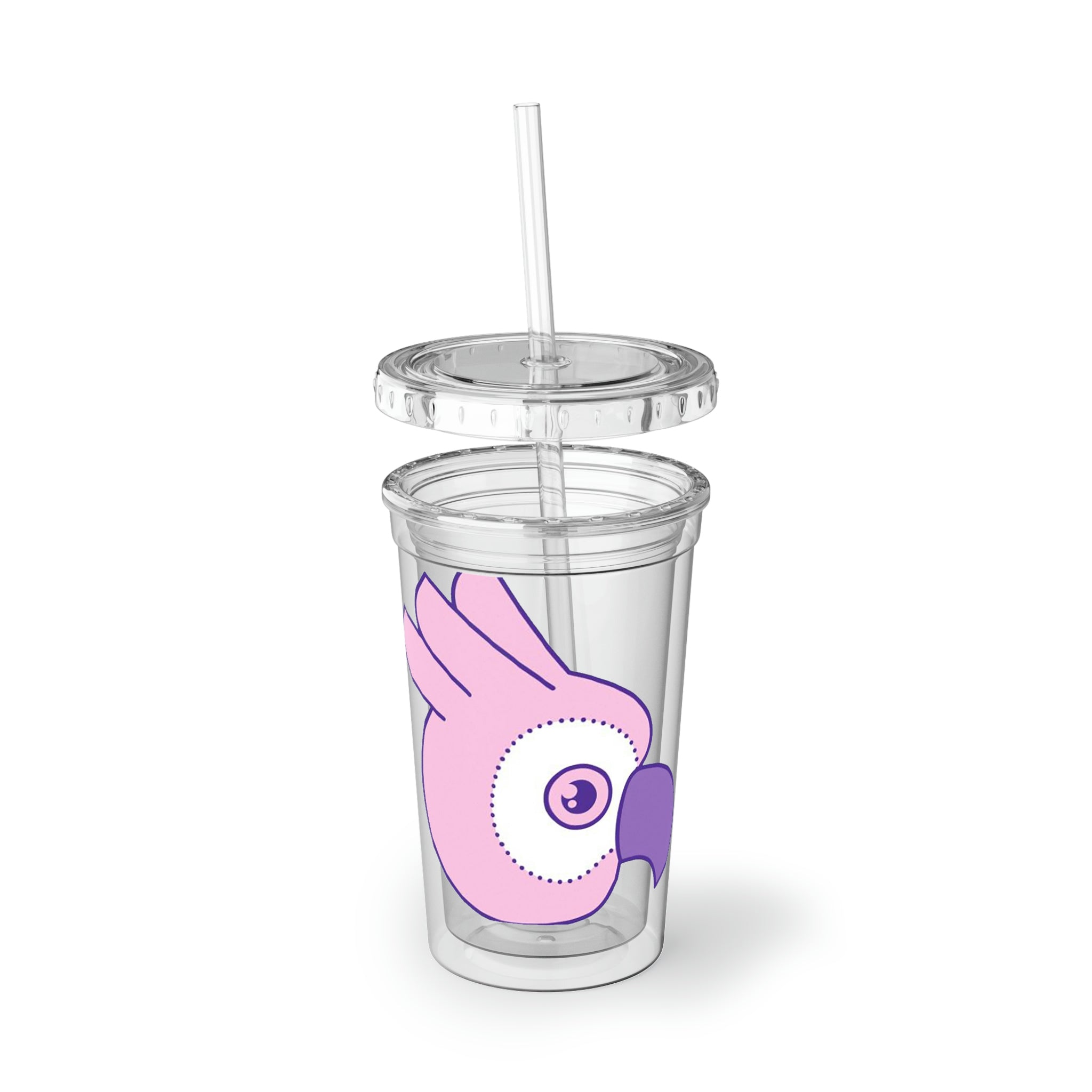 Pink and purple stainless steel tumbler with a straw, showcasing a vibrant bird design.