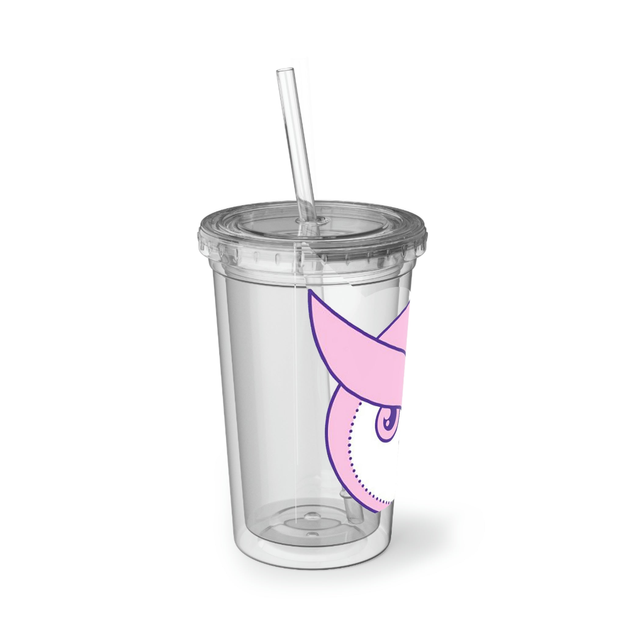 Pink and Purple Bird Suave Acrylic Cup with a stainless steel body and black plastic cap, featuring a vibrant design and included straw.