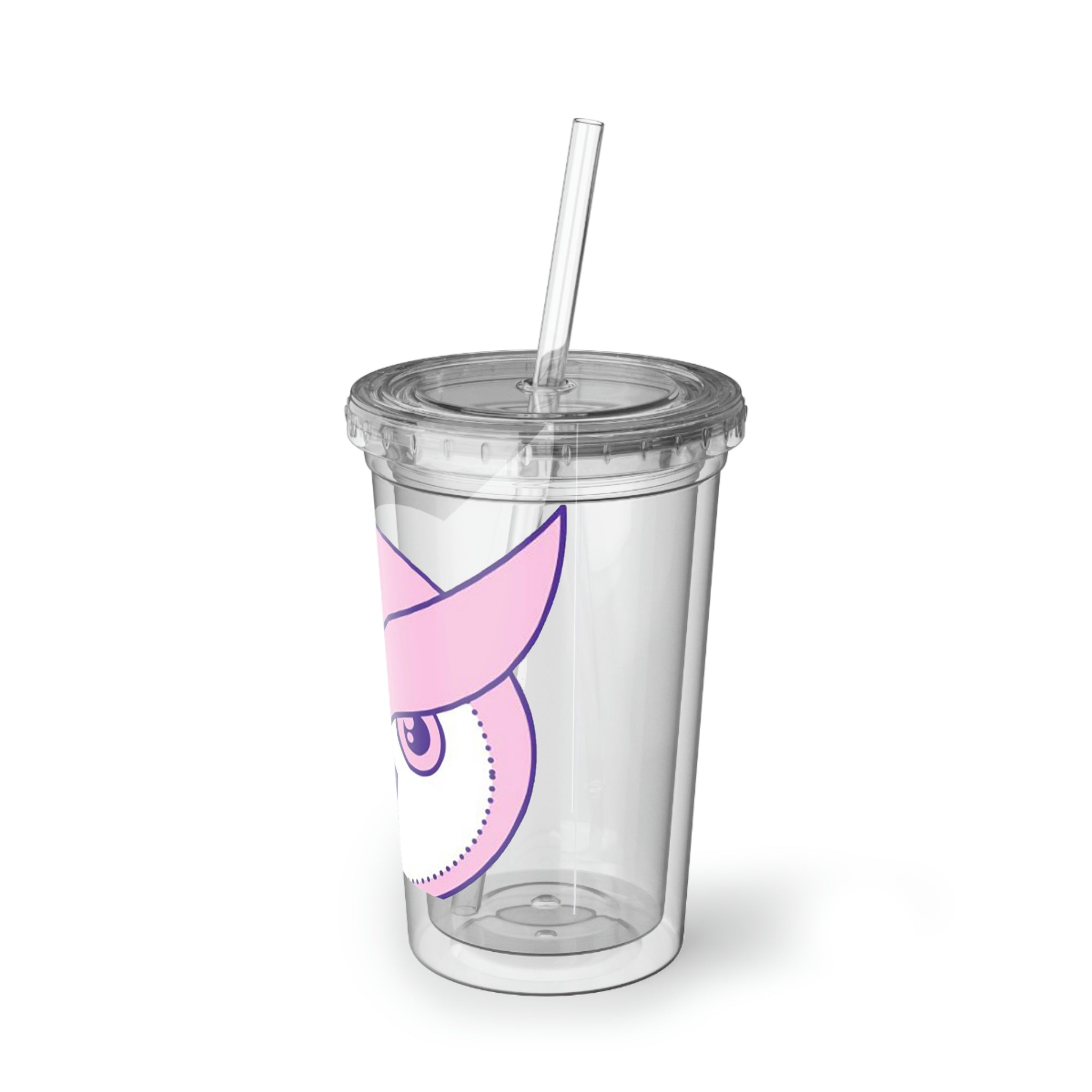 Pink and Purple Bird Suave Acrylic Cup with a stainless steel body and black plastic cap, featuring a vibrant design and included straw.