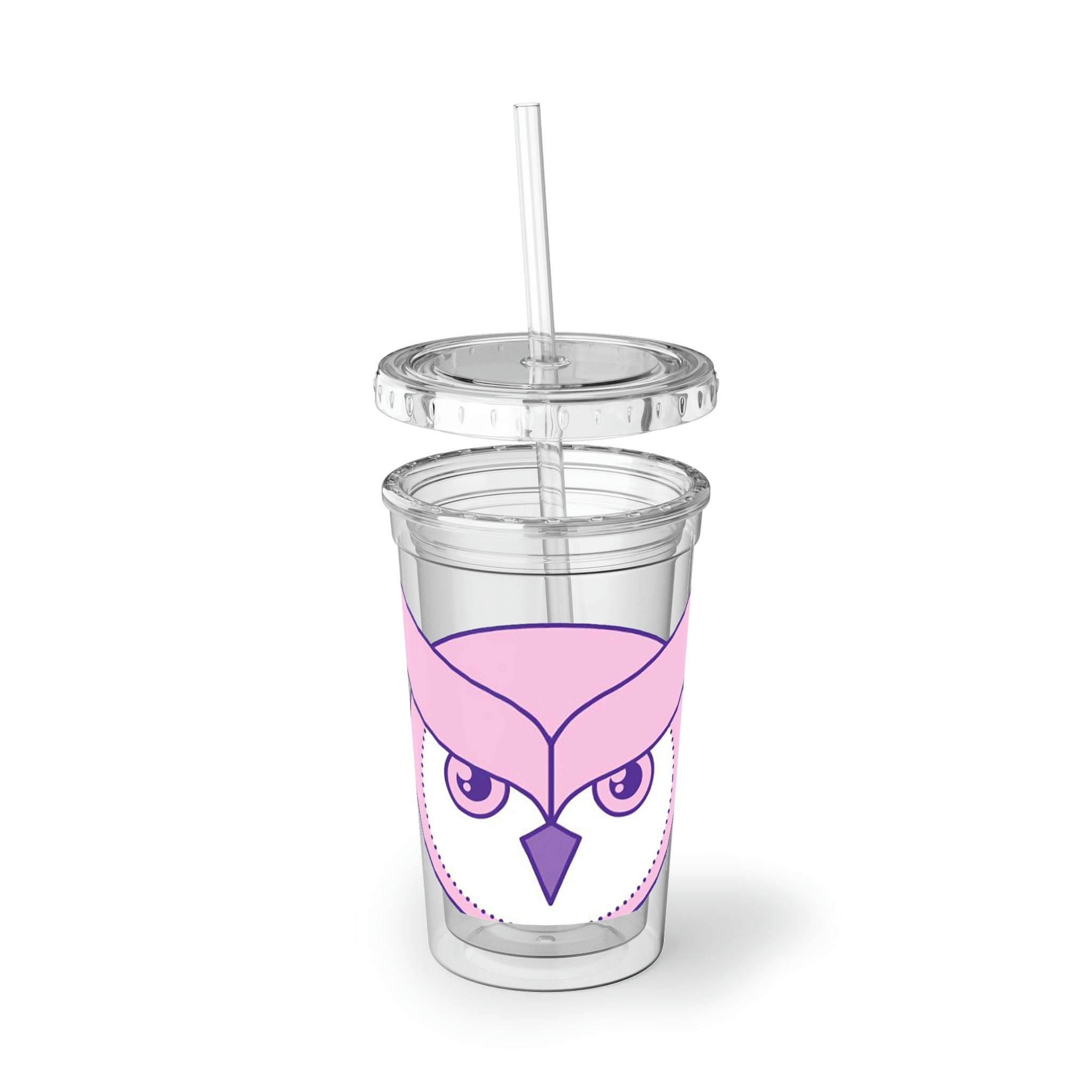 Pink and Purple Bird Suave Acrylic Cup with a stainless steel body and black plastic cap, featuring a vibrant design and included straw.