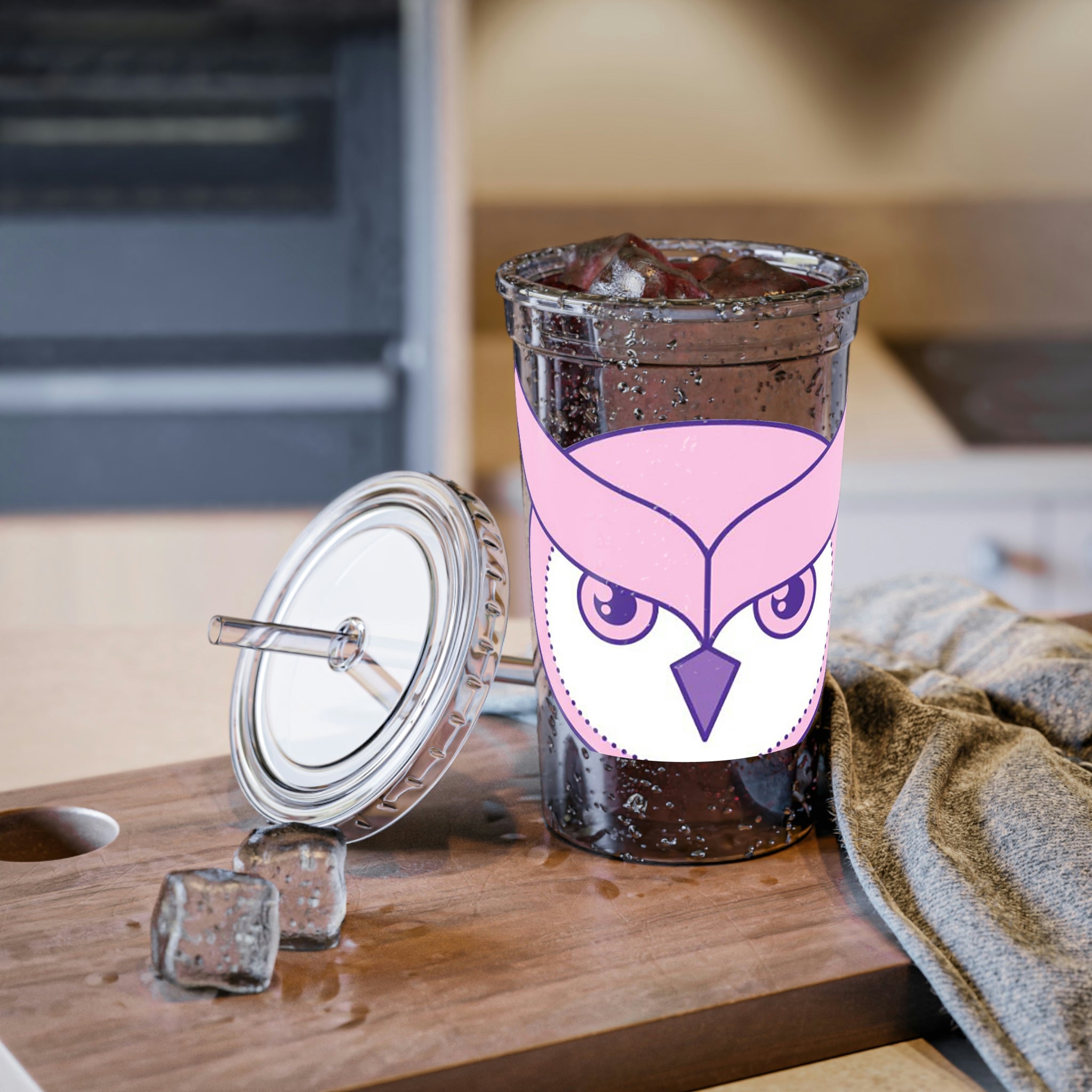 Pink and Purple Bird Suave Acrylic Cup with a stainless steel body and black plastic cap, featuring a vibrant design and included straw.