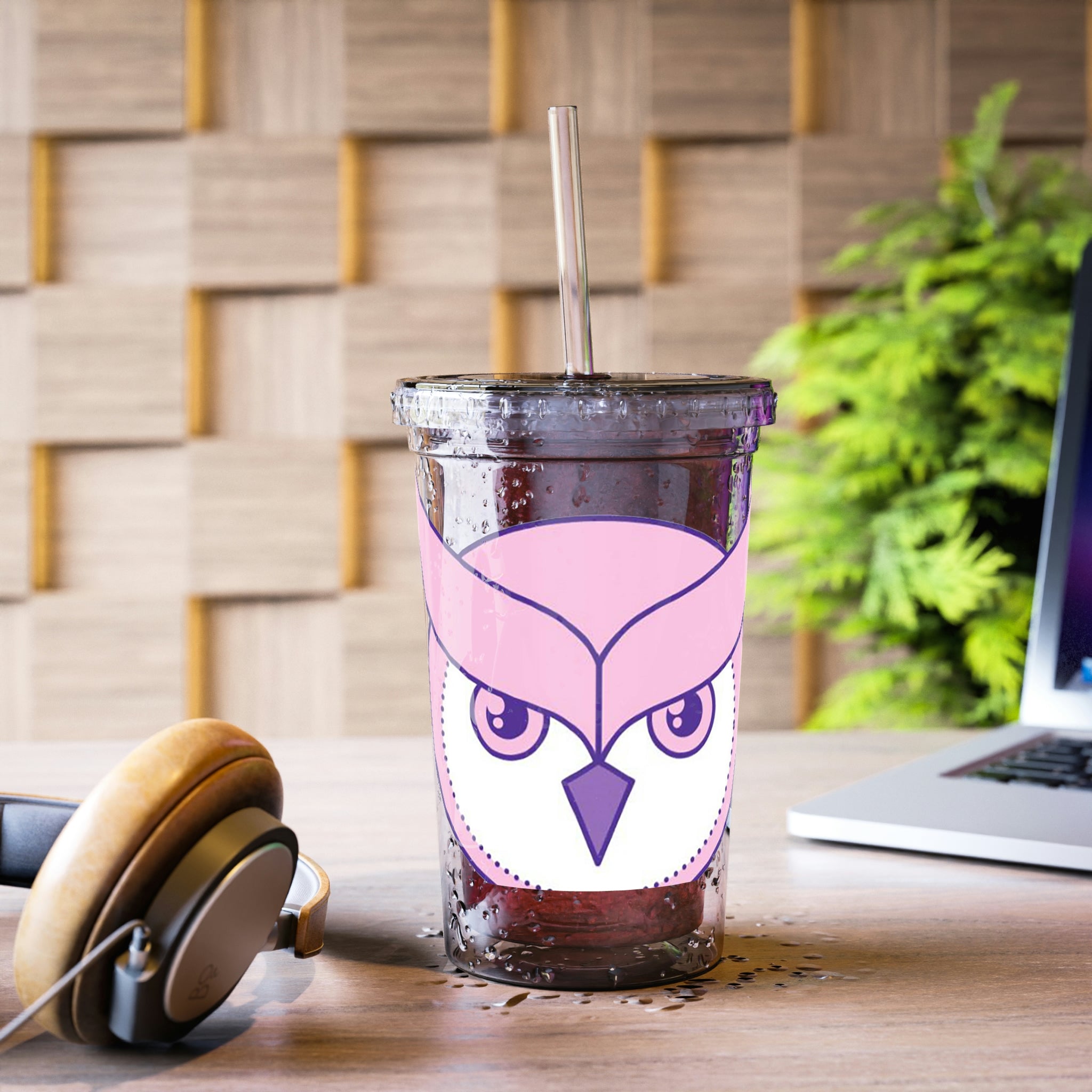 Pink and Purple Bird Suave Acrylic Cup with a stainless steel body and black plastic cap, featuring a vibrant design and included straw.