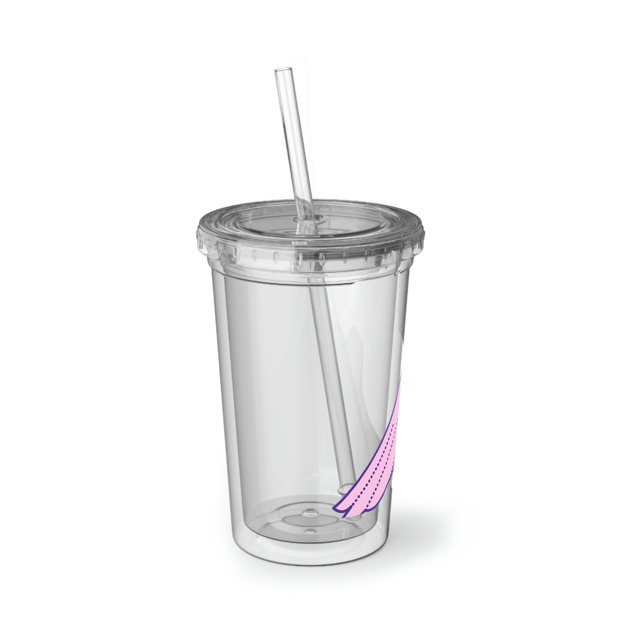 Pink and purple bird design on a stainless steel tumbler with a plastic straw, showcasing vibrant colors and a sleek finish.