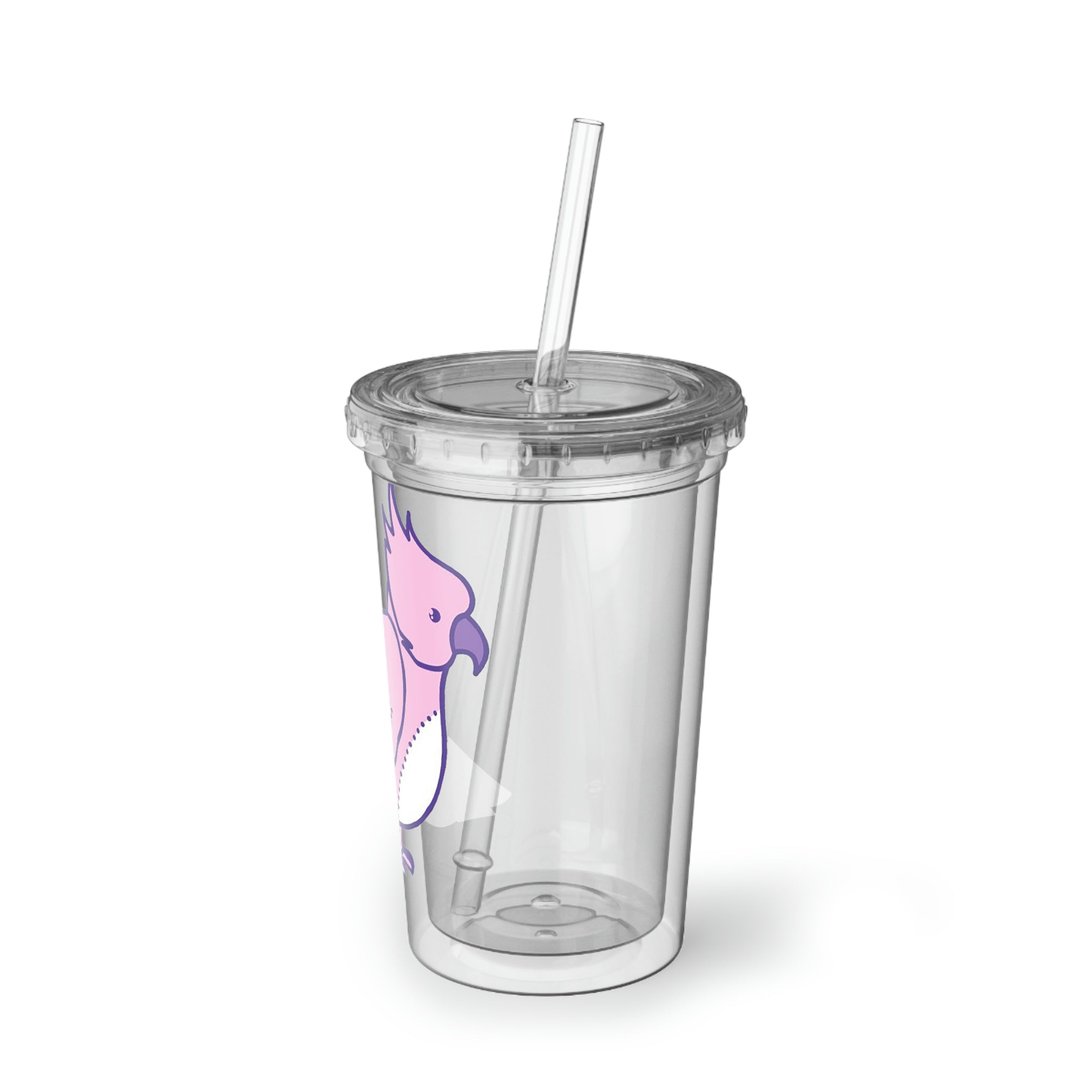 Pink and purple bird design on a stainless steel tumbler with a plastic straw, showcasing vibrant colors and a sleek finish.