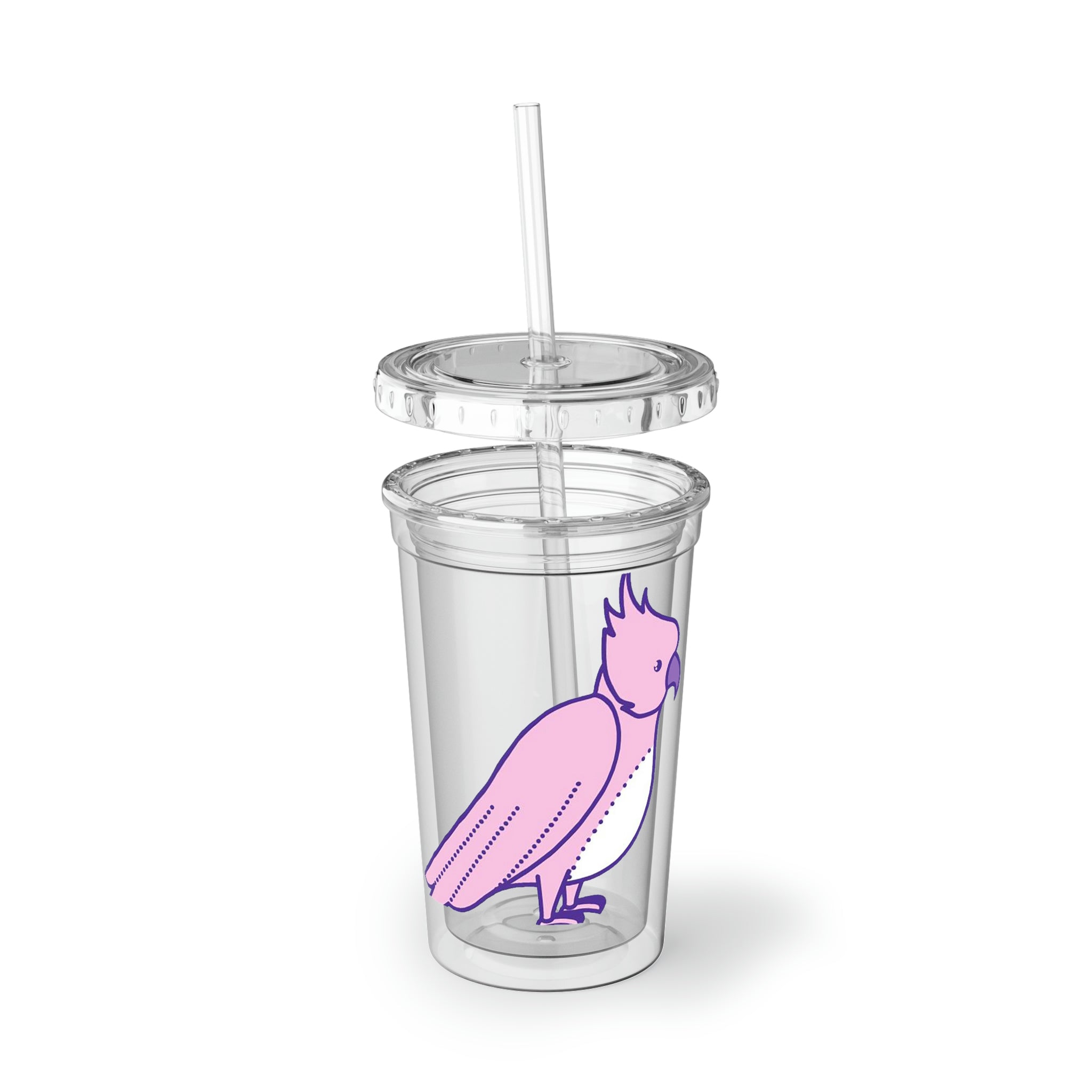 Pink and purple bird design on a stainless steel tumbler with a plastic straw, showcasing vibrant colors and a sleek finish.