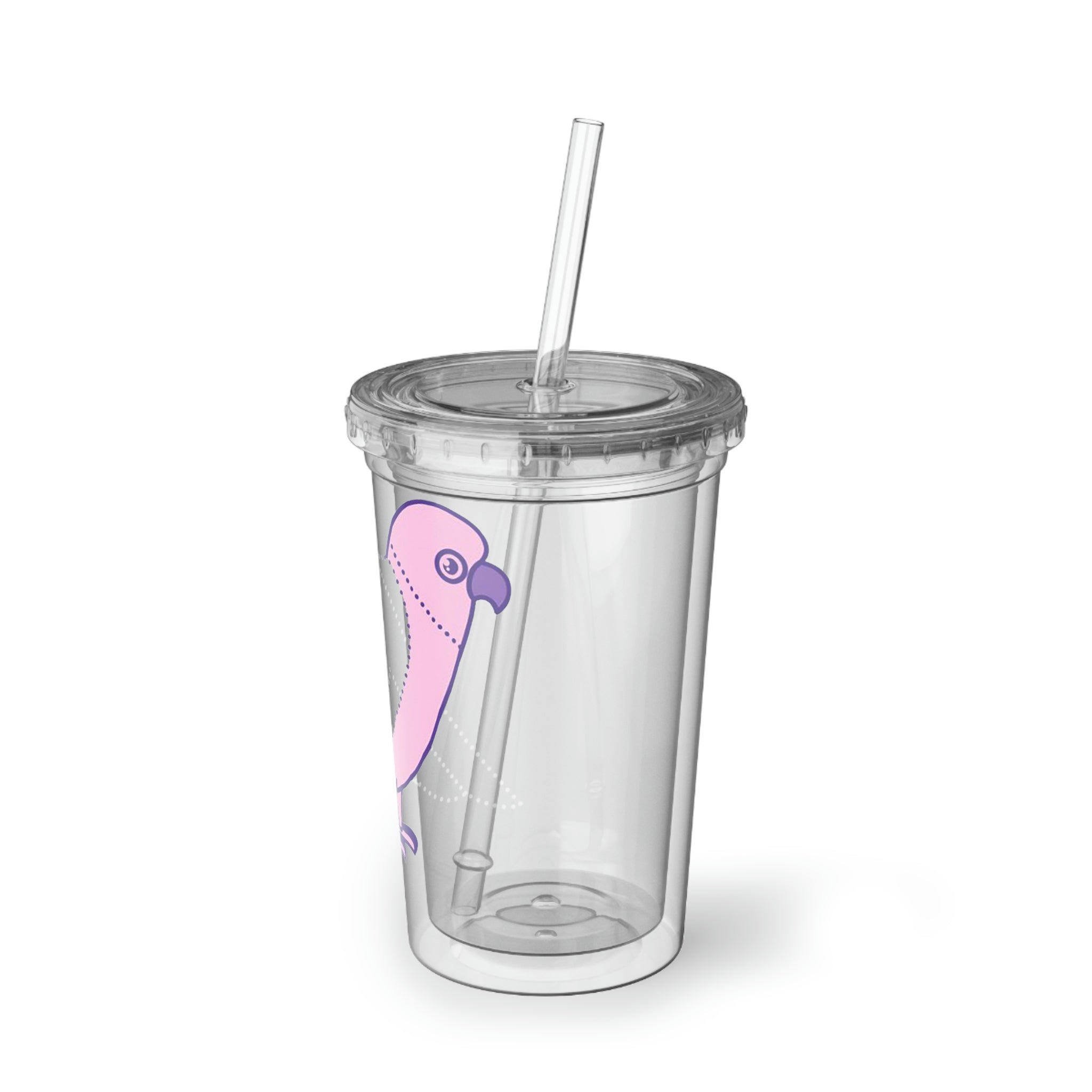 Pink and Purple Bird Suave Acrylic Cup with stainless steel body and plastic straw, showcasing vibrant colors and stylish design.