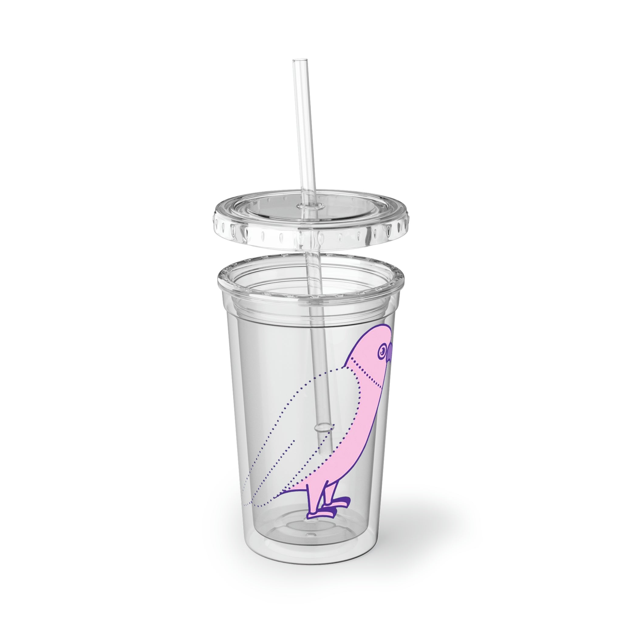 Pink and Purple Bird Suave Acrylic Cup with stainless steel body and plastic straw, showcasing vibrant colors and stylish design.