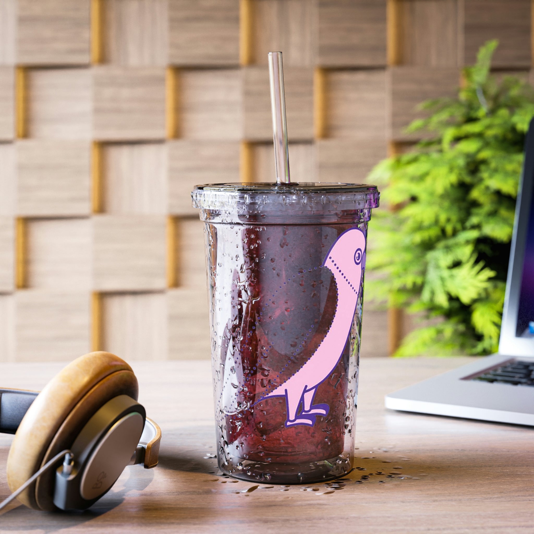 Pink and Purple Bird Suave Acrylic Cup with stainless steel body and plastic straw, showcasing vibrant colors and stylish design.