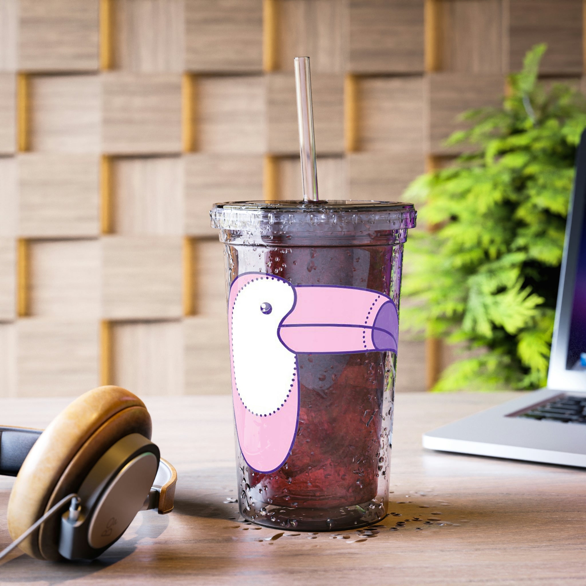 Pink and purple stainless steel tumbler with a straw, showcasing vibrant colors and a stylish design.