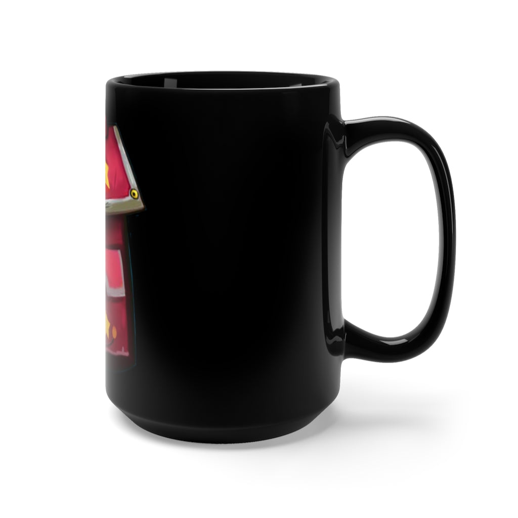 A stylish black ceramic mug with a C-handle, featuring a unique sublimation print, perfect for coffee and tea lovers.