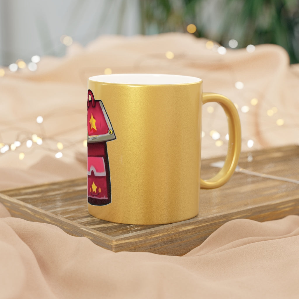 A stylish Pink Bag Metallic Mug with a shiny Gold or Silver coating, showcasing a personalized design on one side.