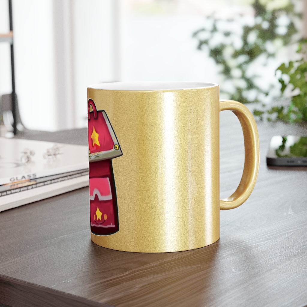 A stylish Pink Bag Metallic Mug with a shiny Gold or Silver coating, showcasing a personalized design on one side.