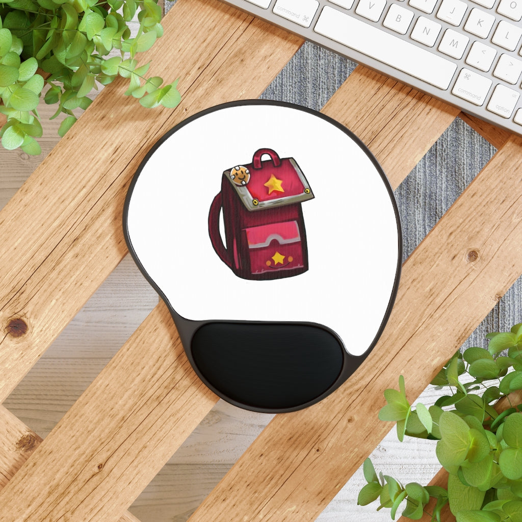 Pink Bag Mouse Pad with ergonomic Memory Foam wrist rest, featuring a stylish design and a foot-shaped black plastic base.