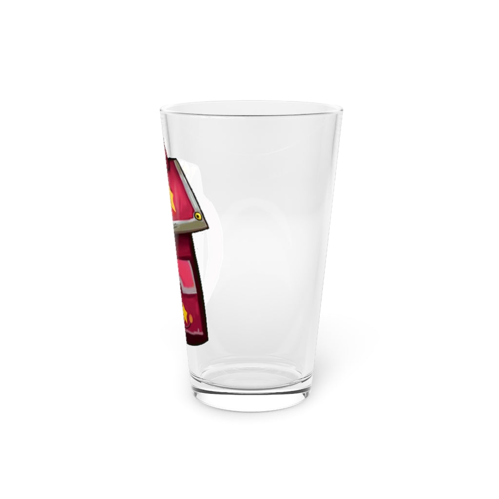 A clear 16oz pint glass with a pink bag design, perfect for personalized beverages.