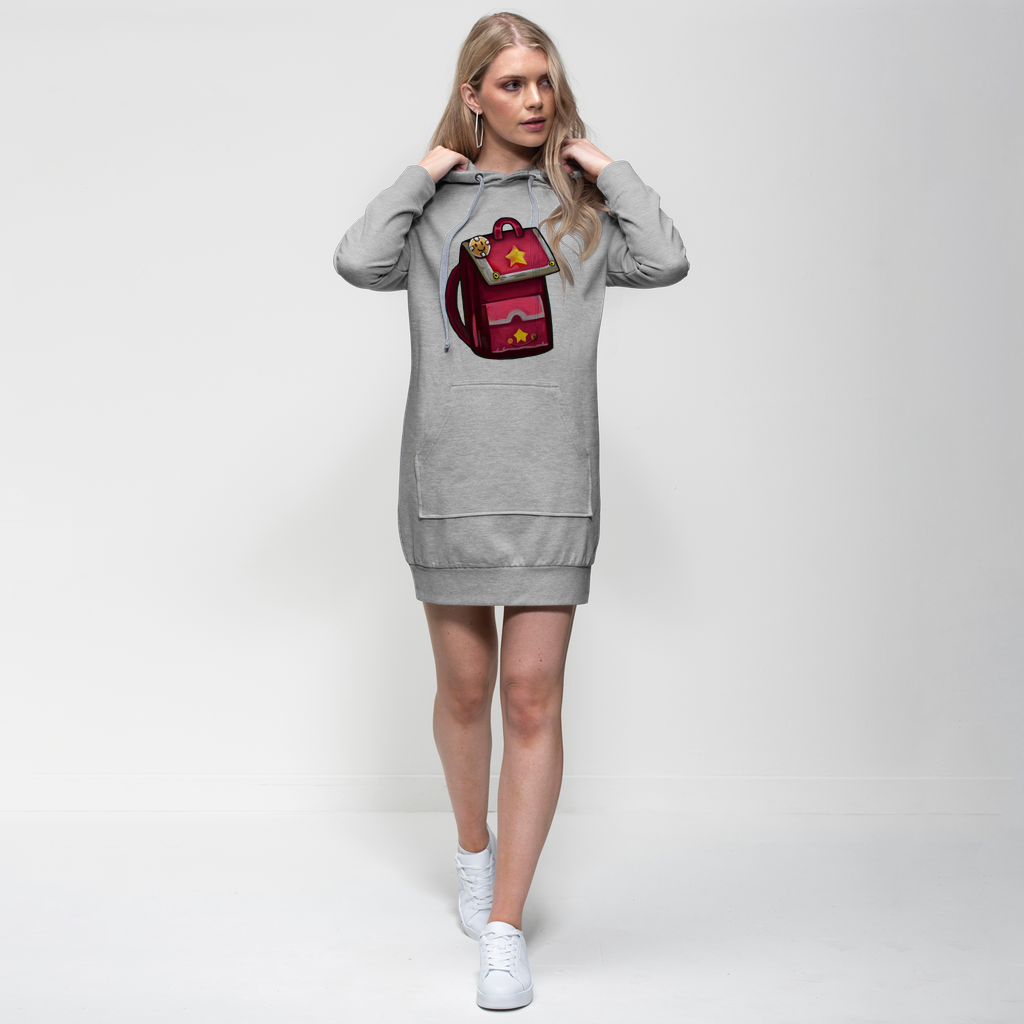 A stylish pink hoodie dress featuring a hood, full-length sleeves, and a kangaroo pouch pocket, perfect for casual wear.