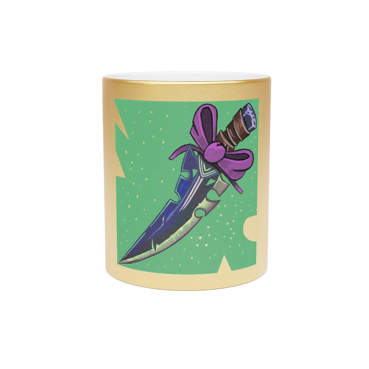 Pink Bow Dagger Metallic Mug with Gold and Silver finishes, featuring a personalized design option and a comfortable C-handle.