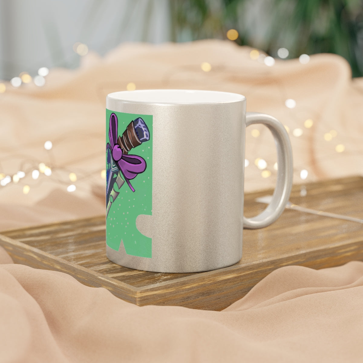 Pink Bow Dagger Metallic Mug with Gold and Silver finishes, featuring a personalized design option and a comfortable C-handle.