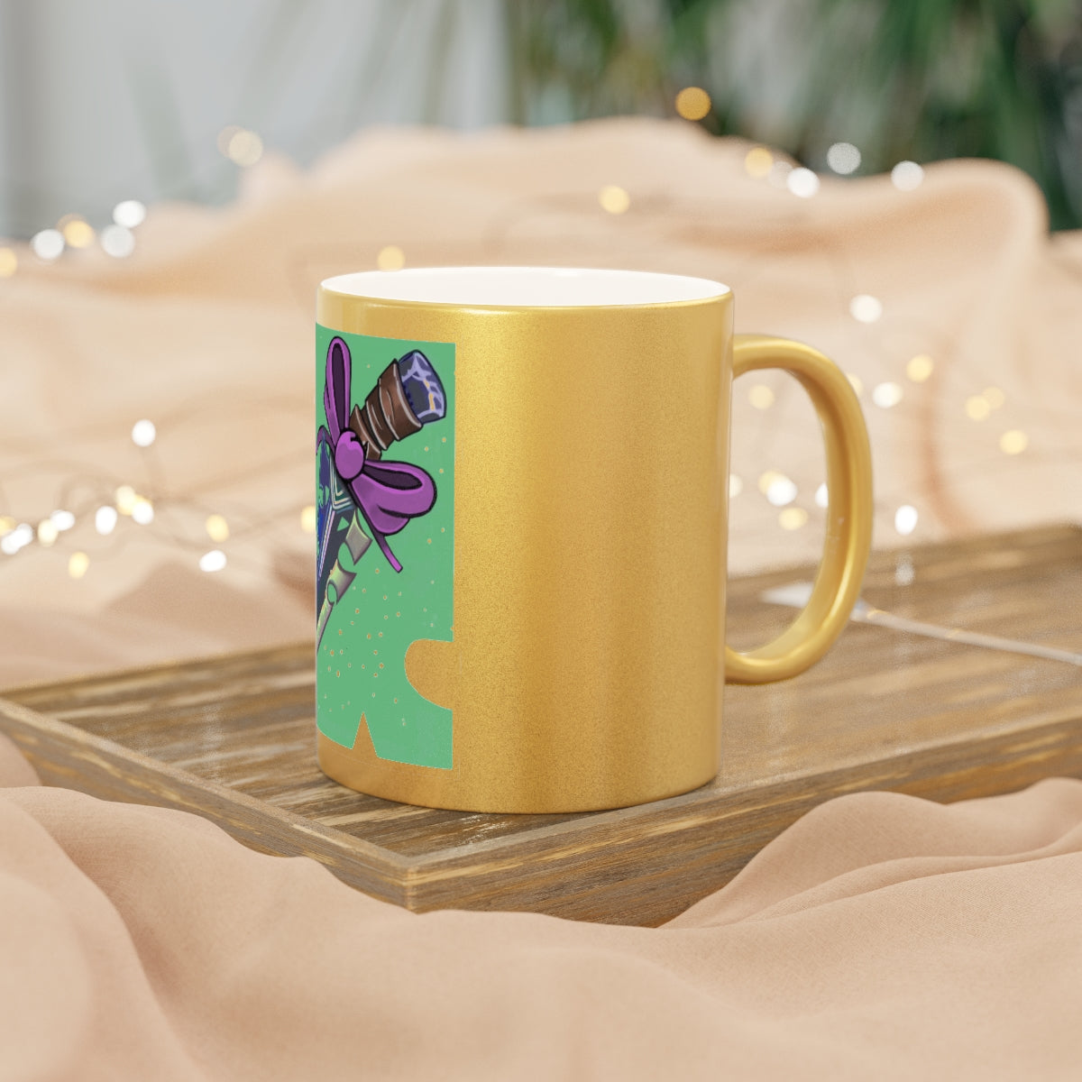 Pink Bow Dagger Metallic Mug with Gold and Silver finishes, featuring a personalized design option and a comfortable C-handle.