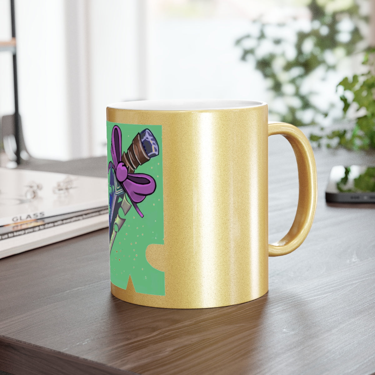 Pink Bow Dagger Metallic Mug with Gold and Silver finishes, featuring a personalized design option and a comfortable C-handle.