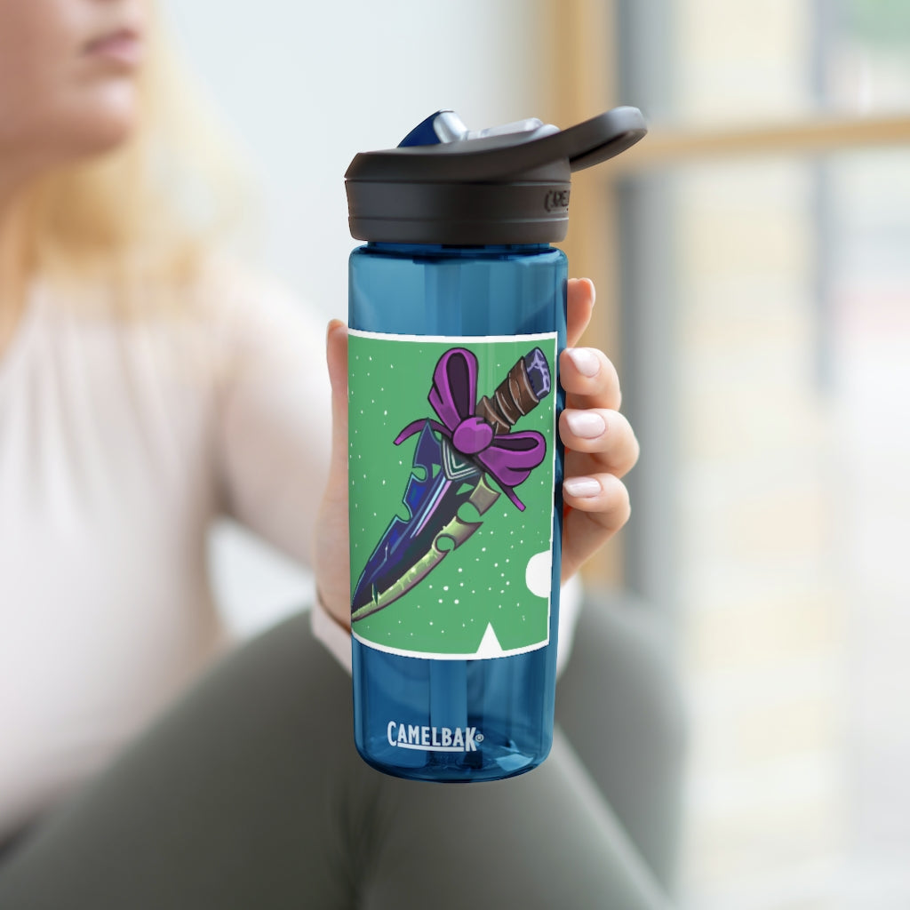 Pink Bow Sword CamelBak Eddy® Water Bottle in 20oz and 25oz sizes, showcasing its durable design and personalized print.