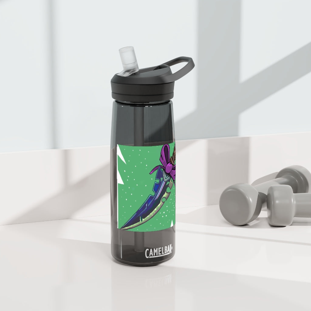 Pink Bow Sword CamelBak Eddy® Water Bottle in 20oz and 25oz sizes, showcasing its durable design and personalized print.