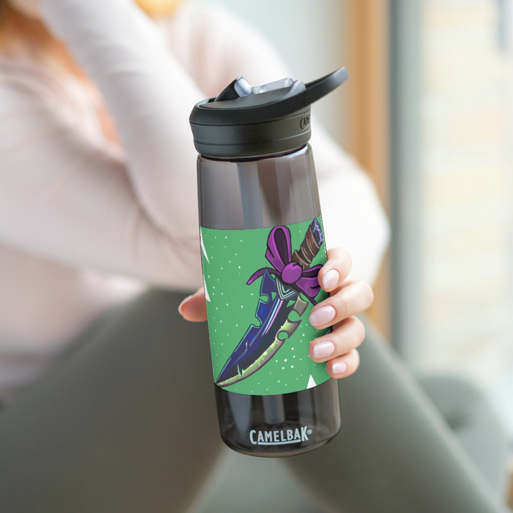 Pink Bow Sword CamelBak Eddy® Water Bottle in 20oz and 25oz sizes, showcasing its durable design and personalized print.