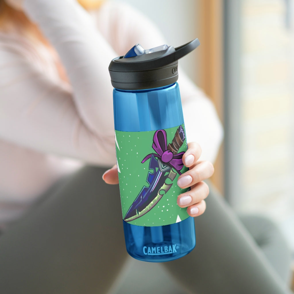 Pink Bow Sword CamelBak Eddy® Water Bottle in 20oz and 25oz sizes, showcasing its durable design and personalized print.