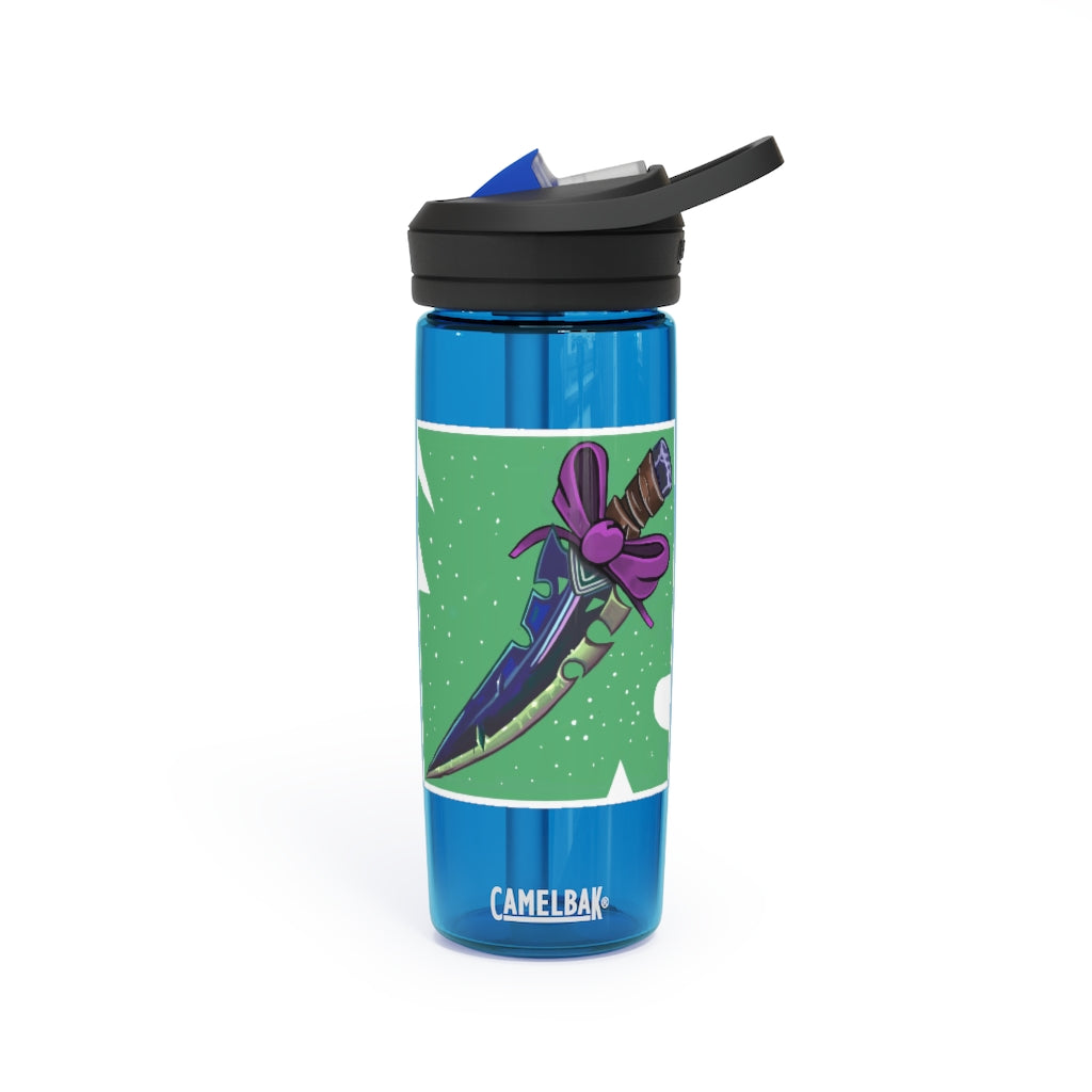 Pink Bow Sword CamelBak Eddy® Water Bottle in 20oz and 25oz sizes, showcasing its durable design and personalized print.