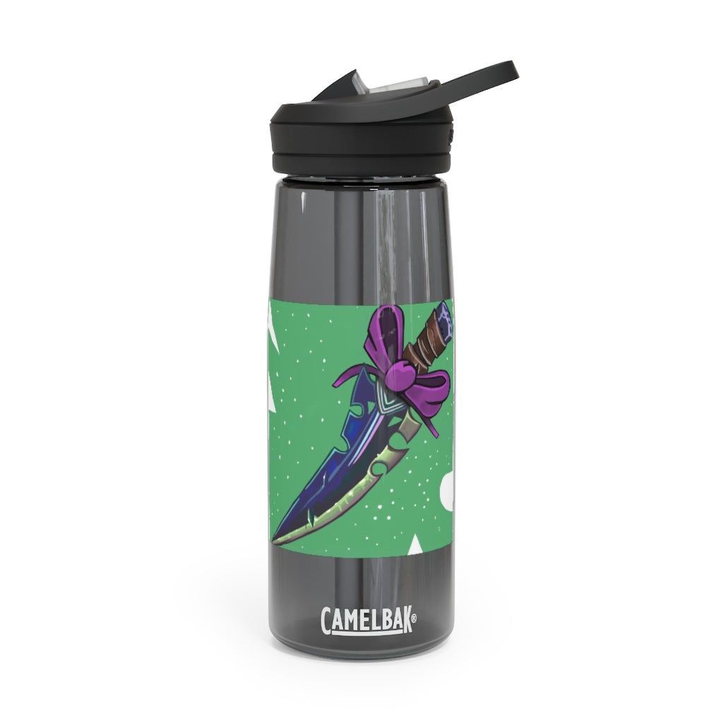 Pink Bow Sword CamelBak Eddy® Water Bottle in 20oz and 25oz sizes, showcasing its durable design and personalized print.