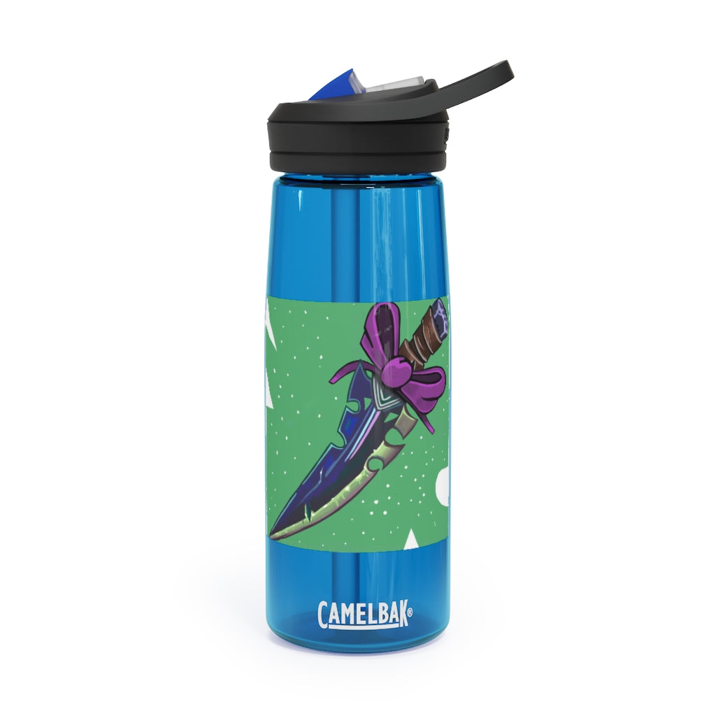 Pink Bow Sword CamelBak Eddy® Water Bottle in 20oz and 25oz sizes, showcasing its durable design and personalized print.