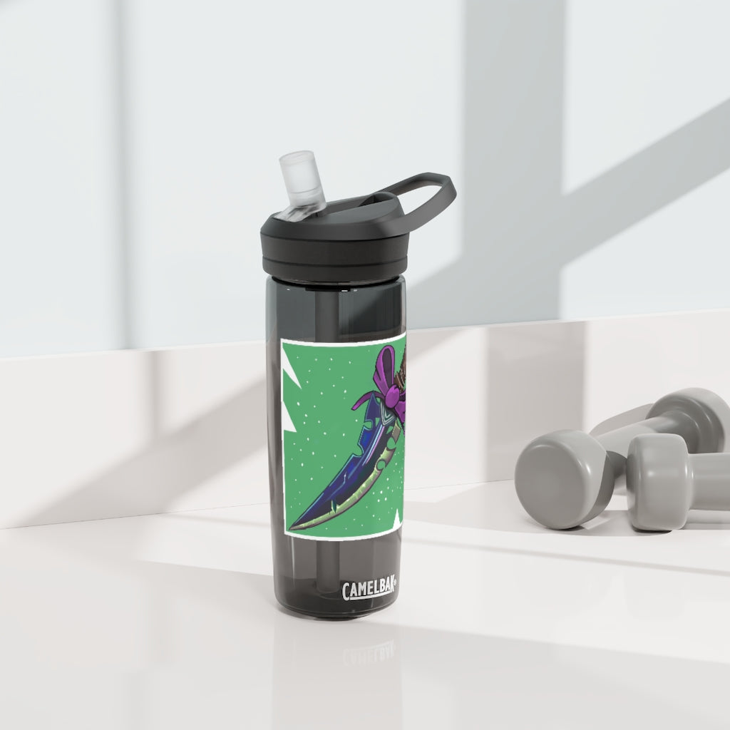 Pink Bow Sword CamelBak Eddy® Water Bottle in 20oz and 25oz sizes, showcasing its durable design and personalized print.