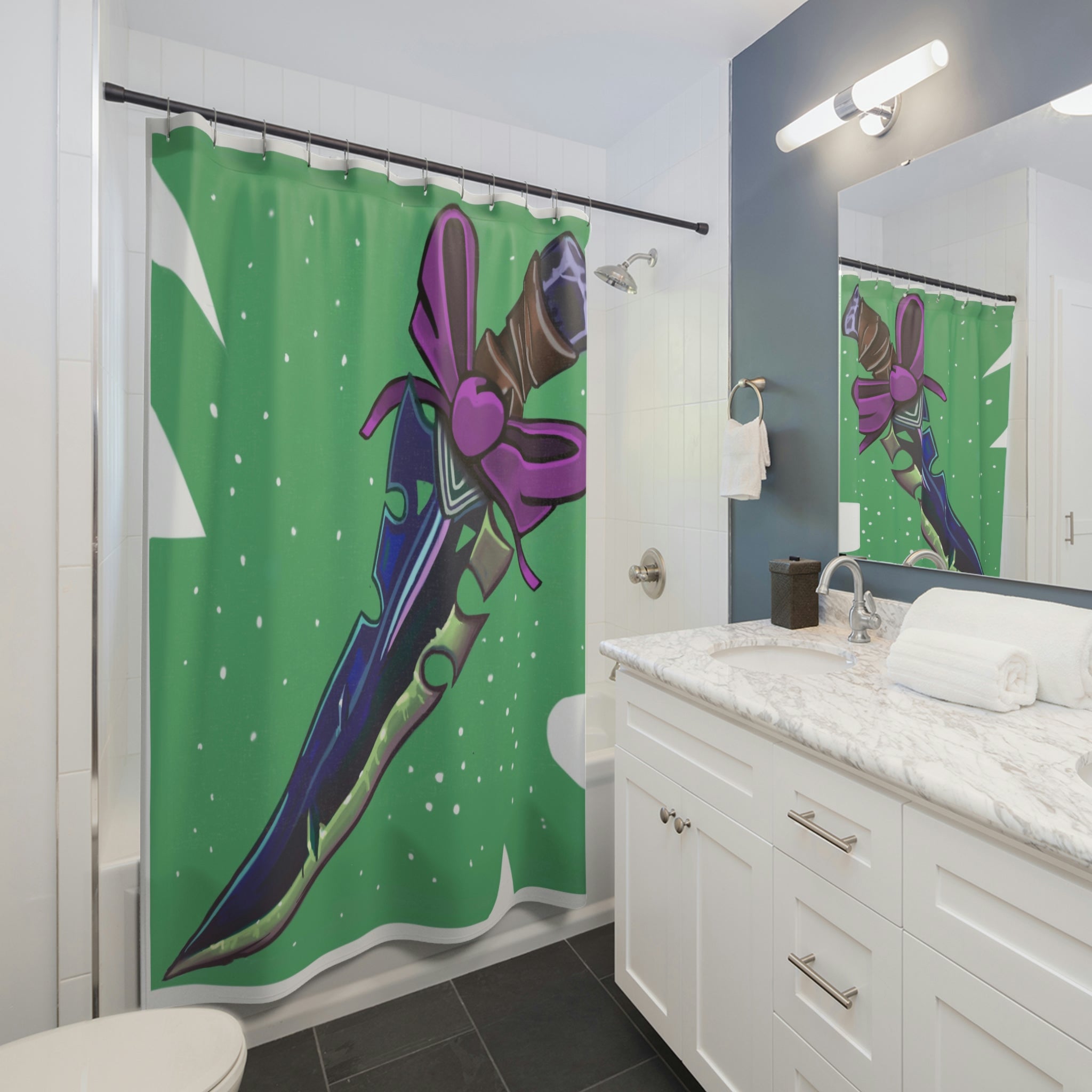 A vibrant pink bow sword shower curtain featuring a unique design, made from durable polyester, perfect for enhancing bathroom decor.