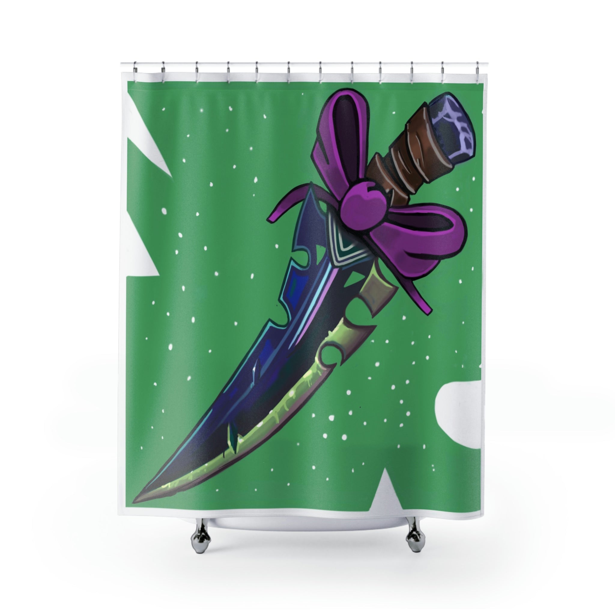 A vibrant pink bow sword shower curtain featuring a unique design, made from durable polyester, perfect for enhancing bathroom decor.