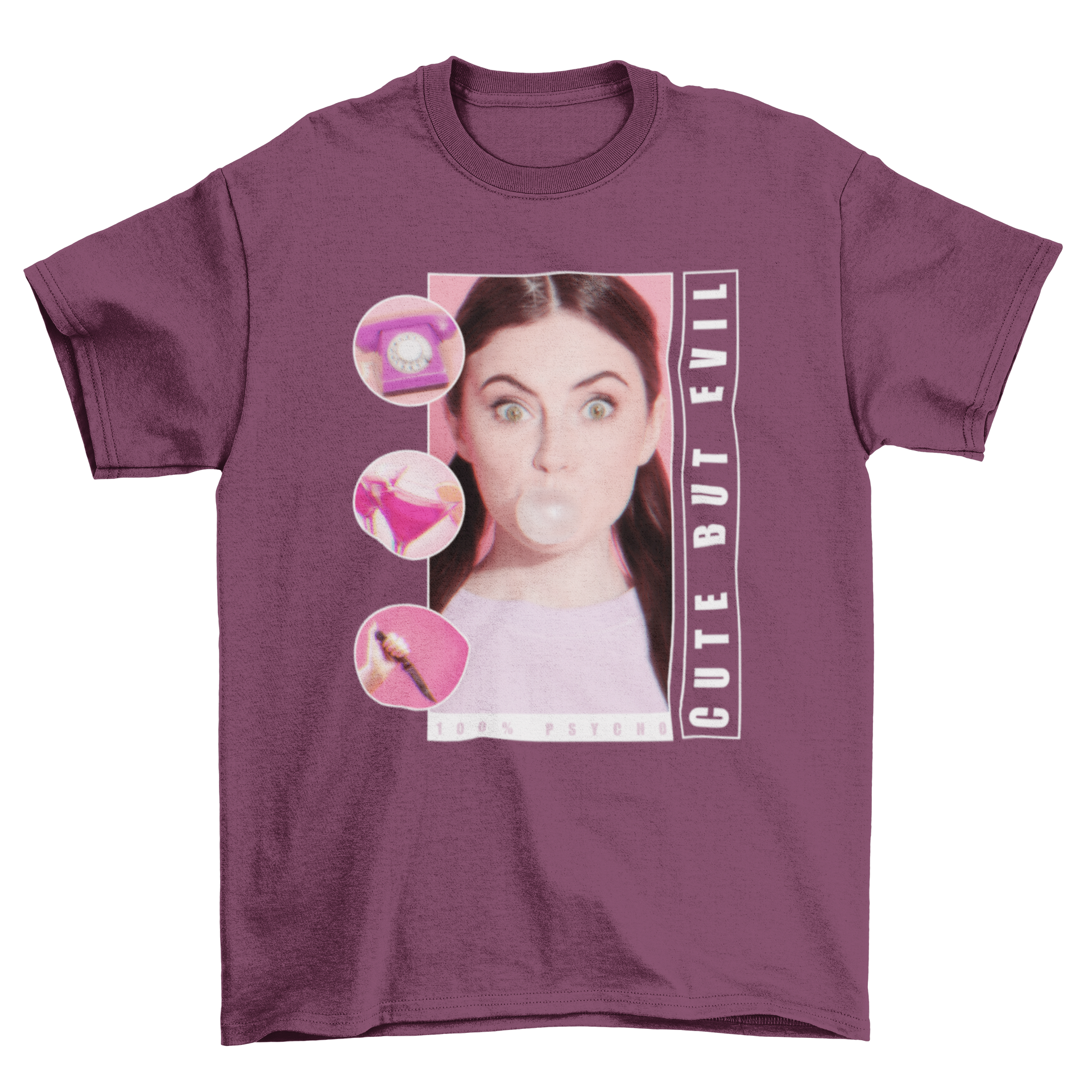 A stylish pink t-shirt featuring a girl blowing bubblegum with the quotes 'Cute but evil' and '100 psycho'.