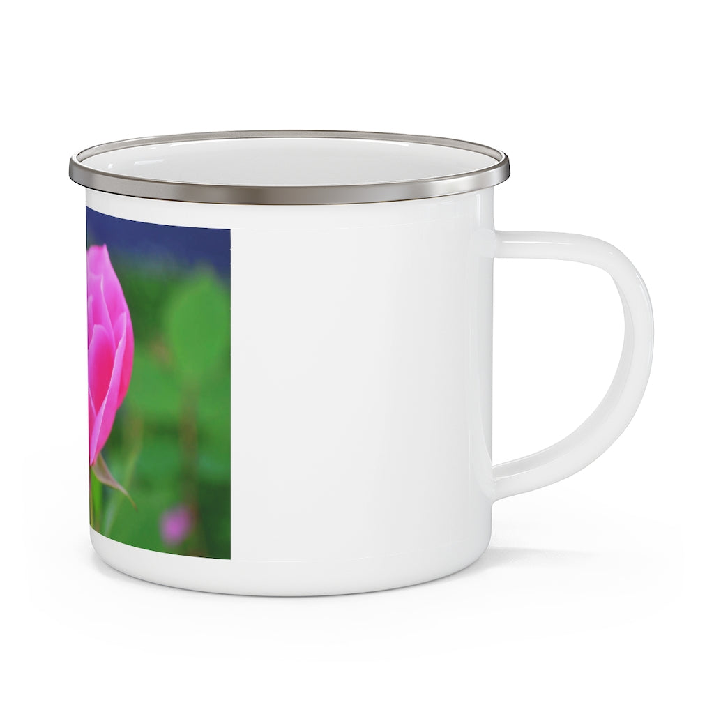 Pink Flower Enamel Camping Mug with a vibrant floral design, perfect for outdoor adventures and stylish beverage enjoyment.