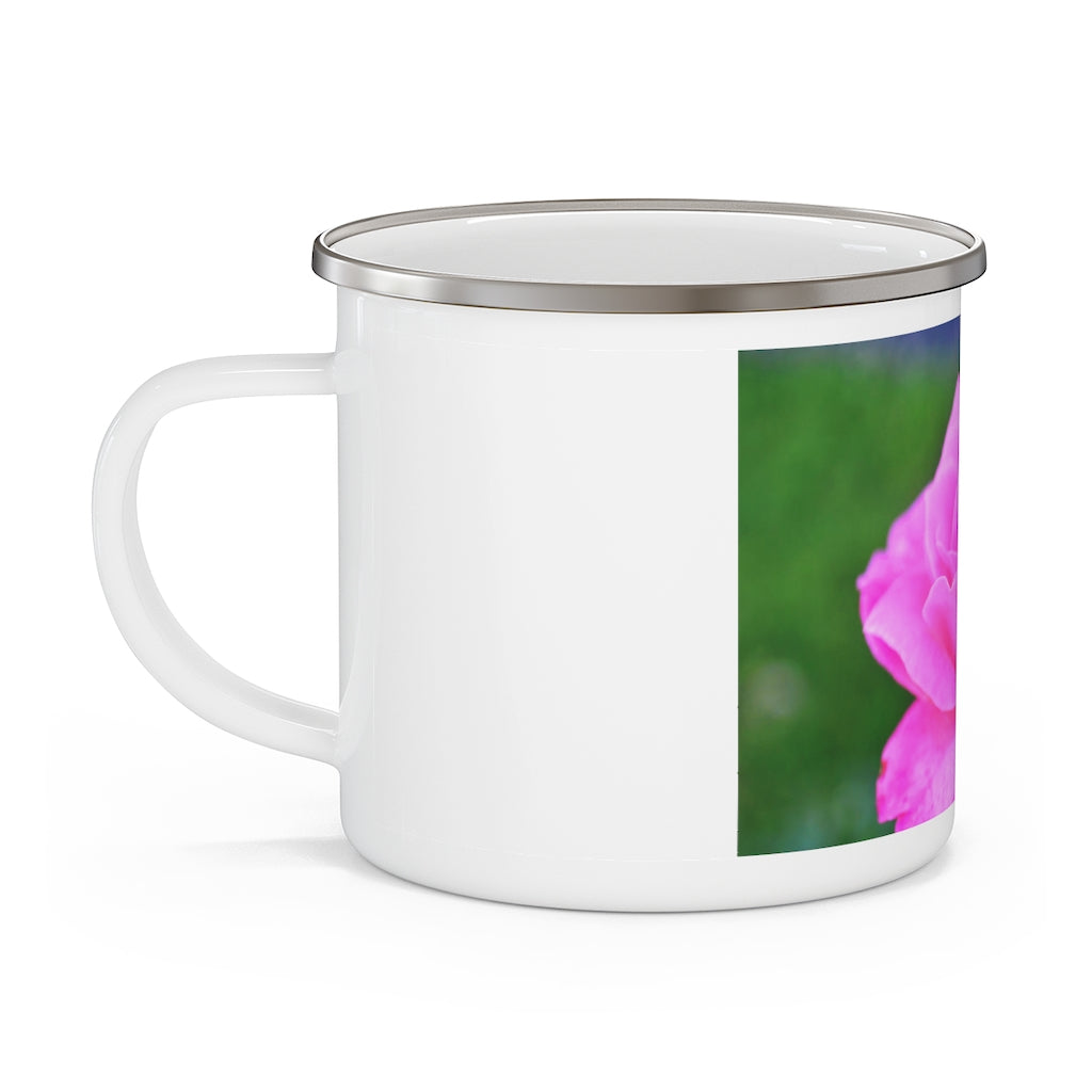 Pink Flower Enamel Camping Mug with a vibrant floral design, perfect for outdoor adventures and stylish beverage enjoyment.