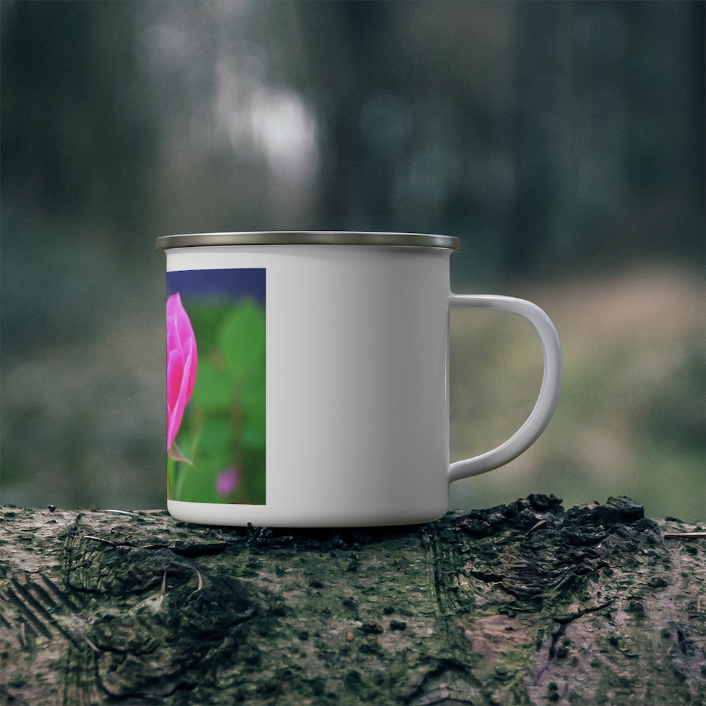 Pink Flower Enamel Camping Mug with a vibrant floral design, perfect for outdoor adventures and stylish beverage enjoyment.