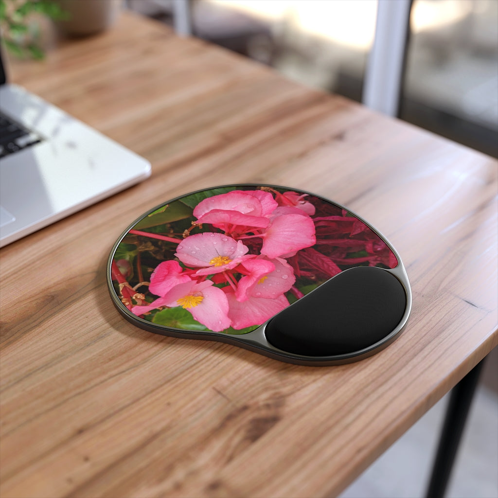 Pink Flowers Mouse Pad with ergonomic Memory Foam wrist rest and semi-opaque black plastic base, perfect for home or office use.