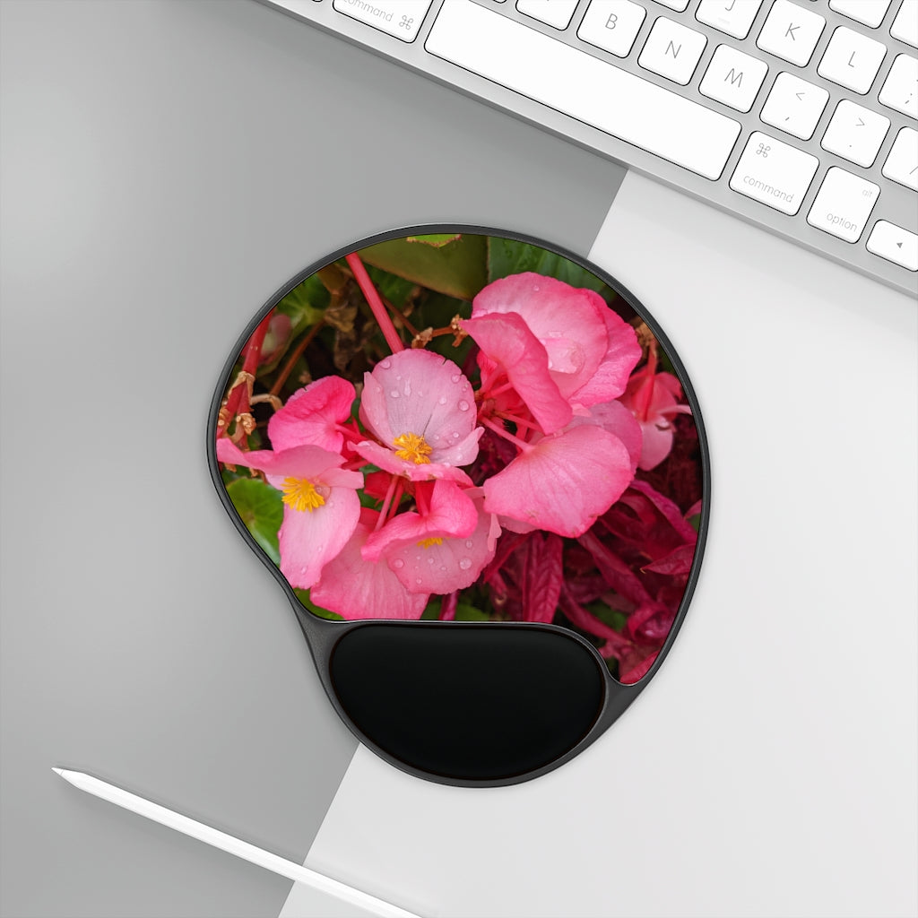 Pink Flowers Mouse Pad with ergonomic Memory Foam wrist rest and semi-opaque black plastic base, perfect for home or office use.