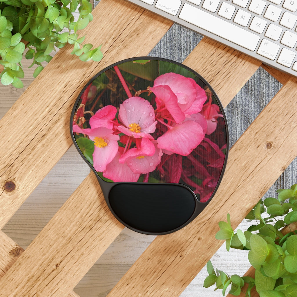 Pink Flowers Mouse Pad with ergonomic Memory Foam wrist rest and semi-opaque black plastic base, perfect for home or office use.